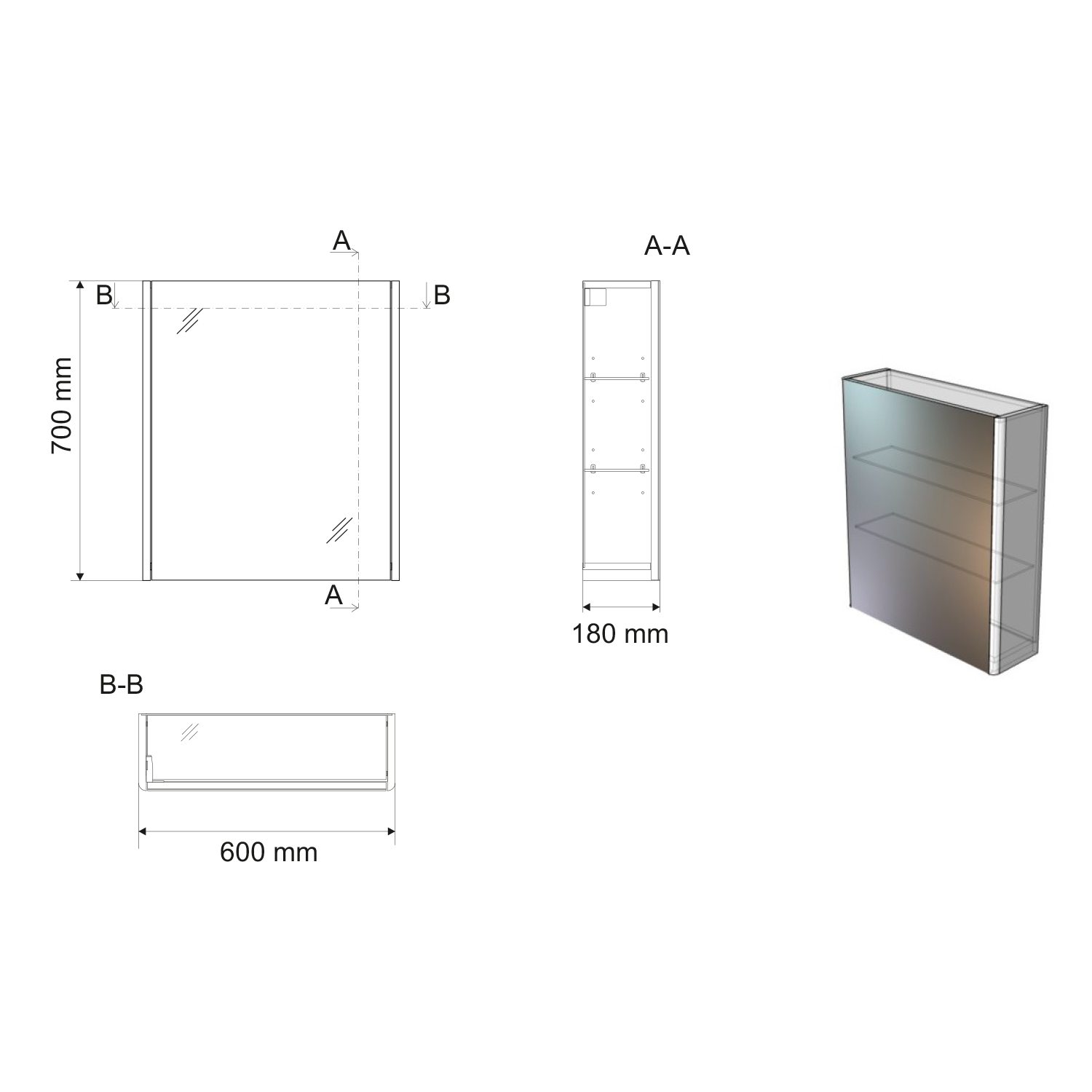 Aqualine DENEB galerka 60x70x18cm, bílá mat, technický nákres