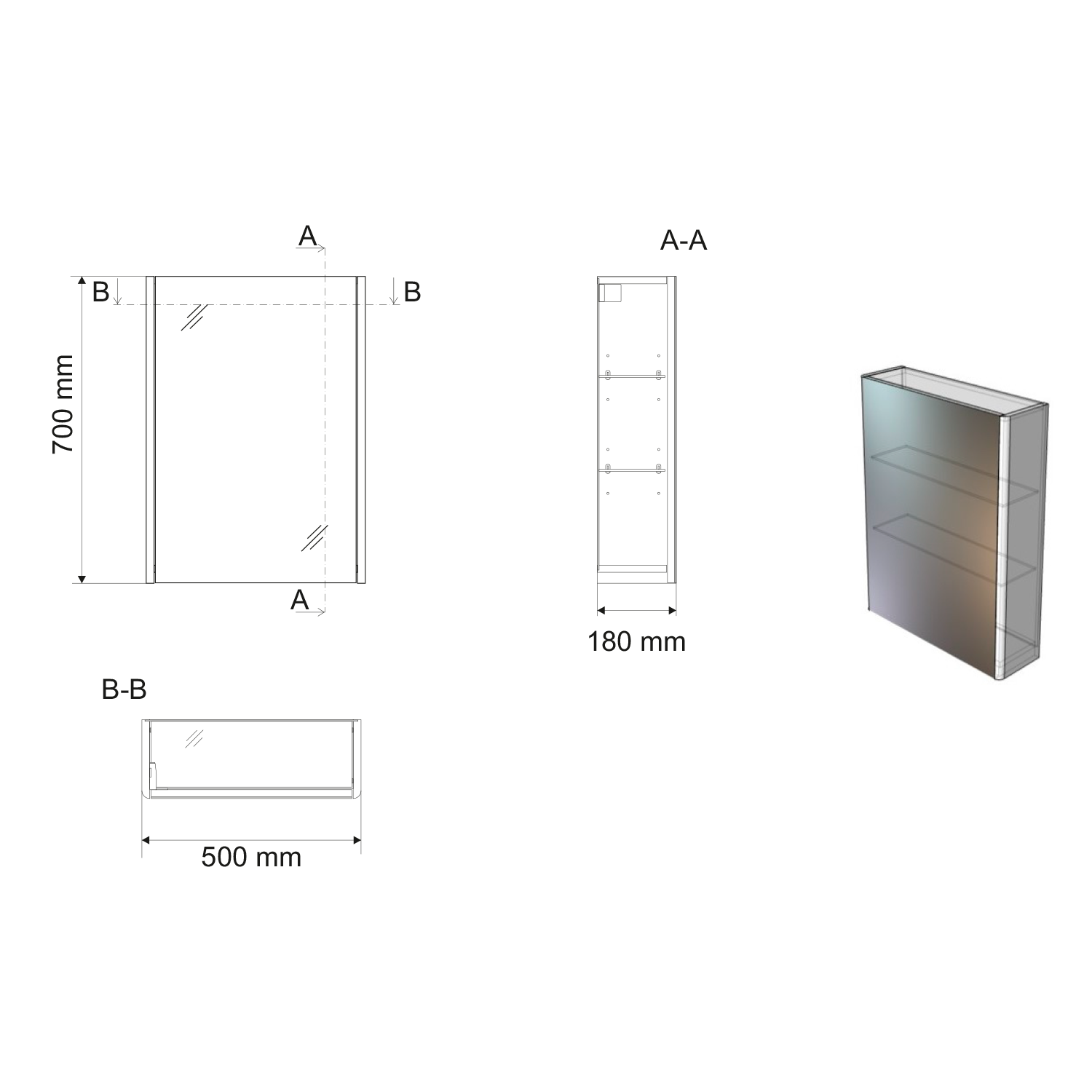 Aqualine DENEB galerka 50x70x18cm, bílá mat, technický nákres