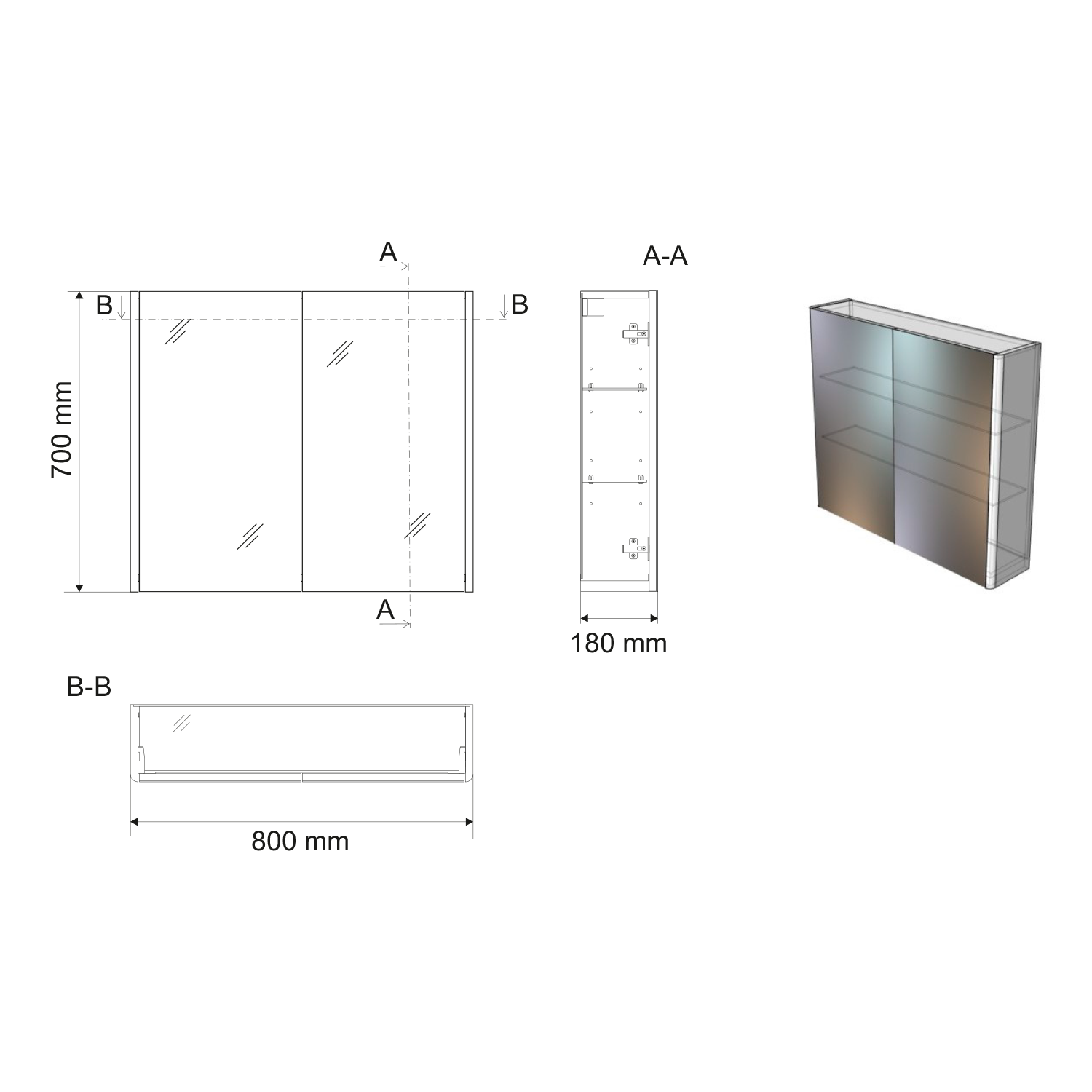 Aqualine DENEB galerka 80x70x18cm, bílá mat, technický nákres