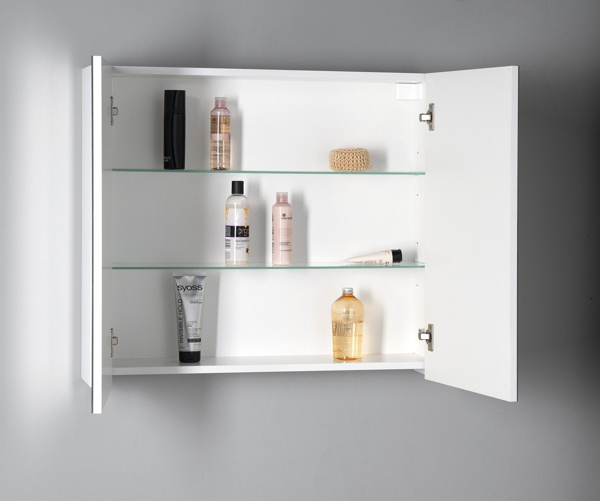 Aqualine DENEB galerka 80x70x18cm, bílá mat, s otevřenými dvířky a policemi 2
