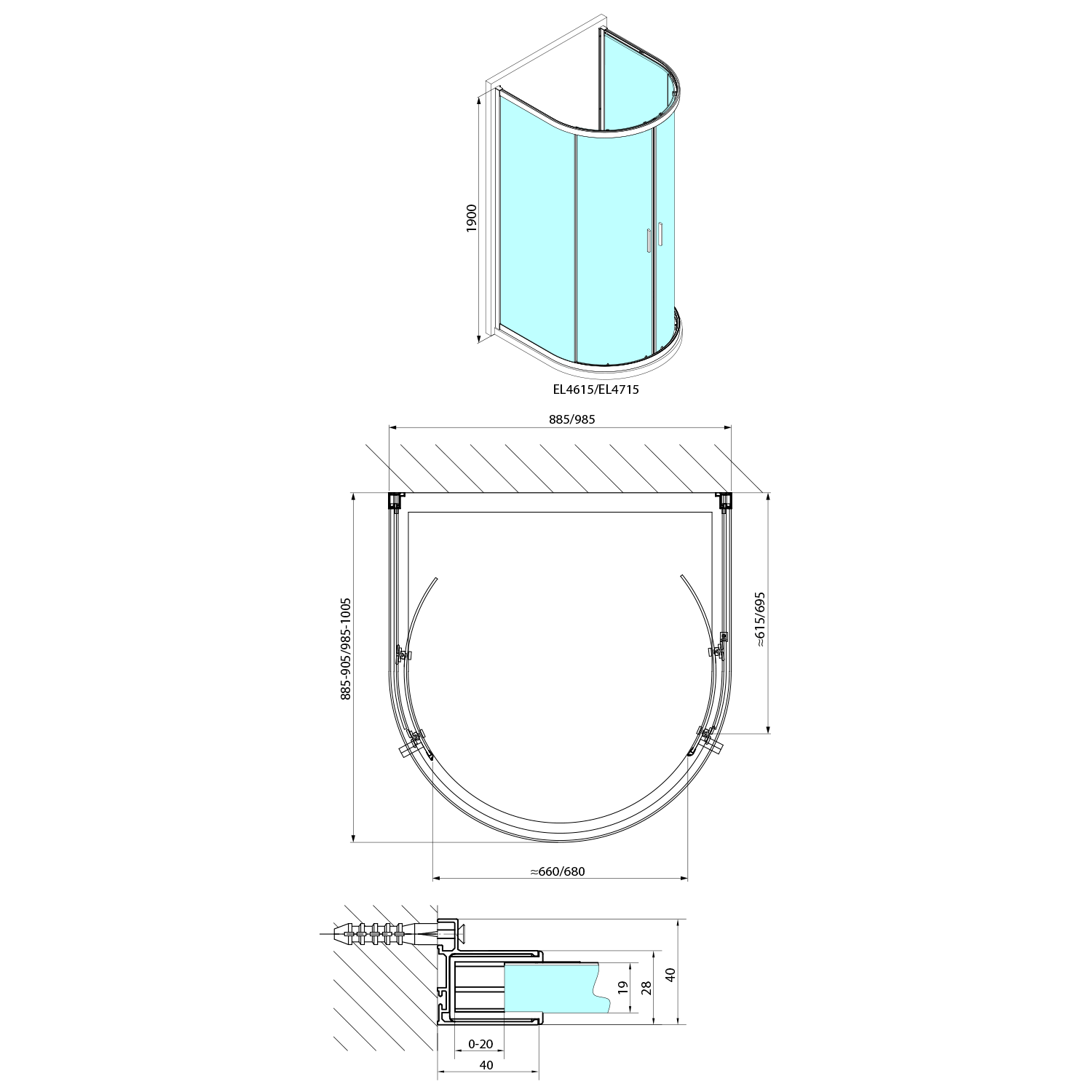 Polysan EASY půlkruhová sprchová zástěna 900x900mm, čiré sklo, technický nákres