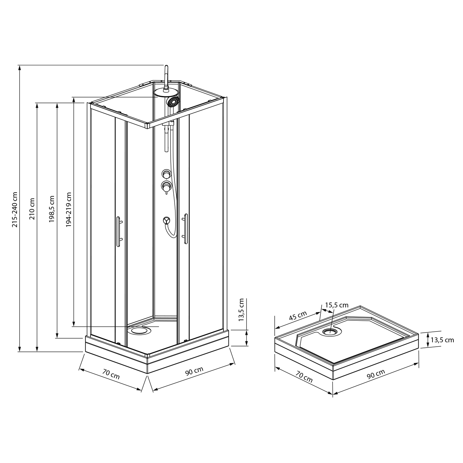 Aqualine GRANVIK obdélníkový sprchový box 700x900x2180mm, čiré sklo, technický nákres