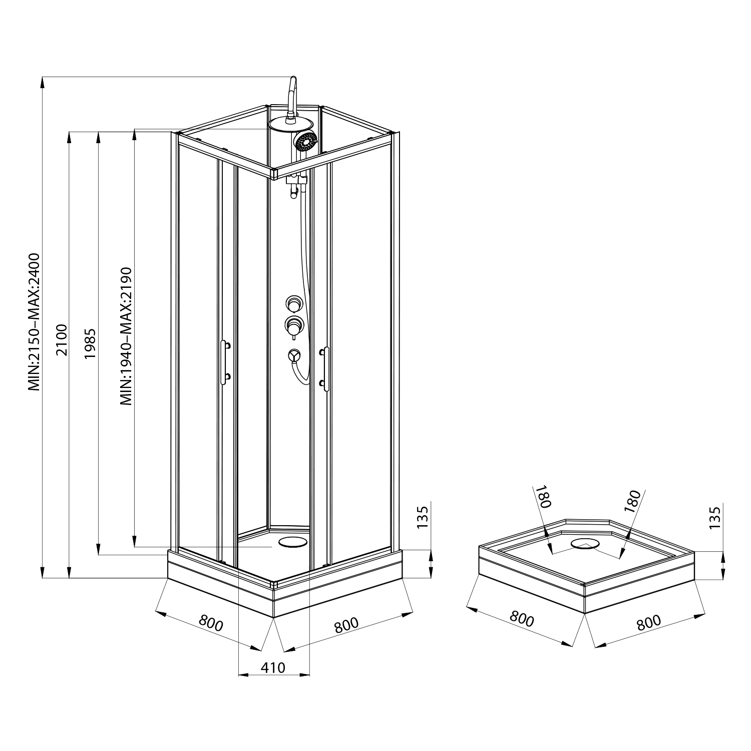Aqualine GRANVIK čtvercový sprchový box 800x800x2180mm, čiré sklo, technický nákres