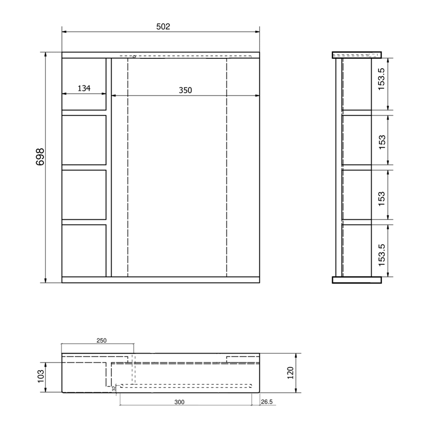 Aqualine KORIN STRIP zrcadlo s LED osvětlením a policemi 50x70x12cm, technický nákres