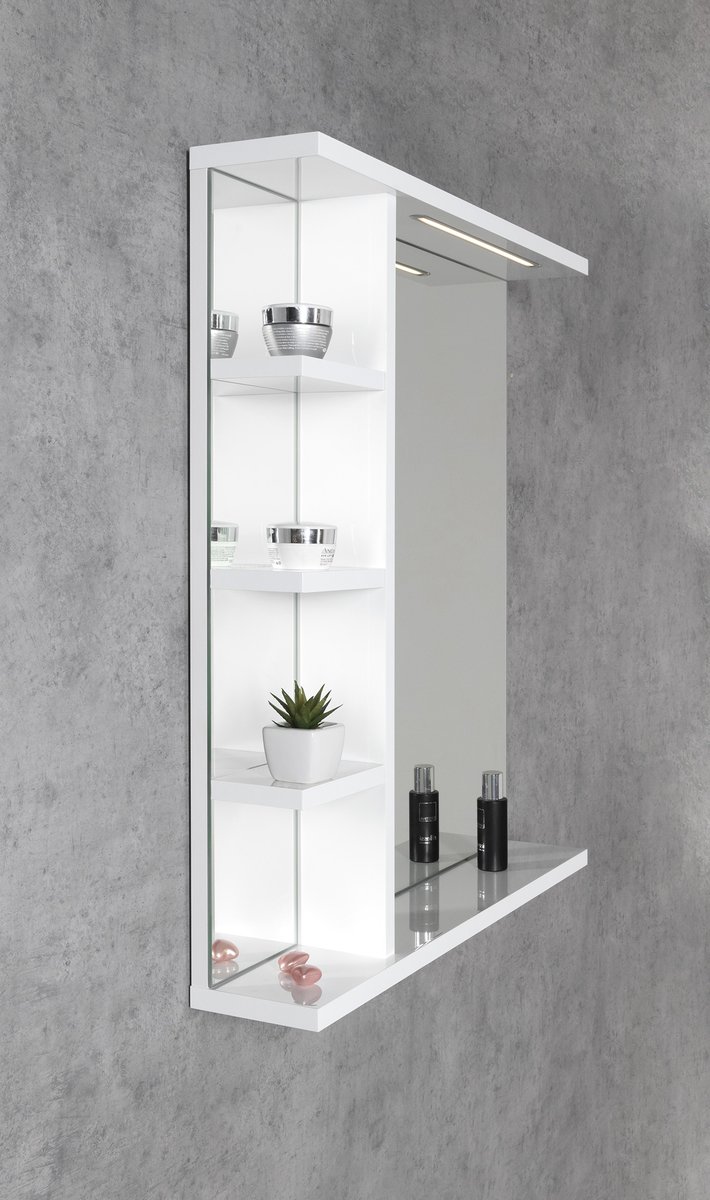 Aqualine KORIN STRIP zrcadlo s LED osvětlením a policemi 50x70x12cm, pohled zboku na stěně