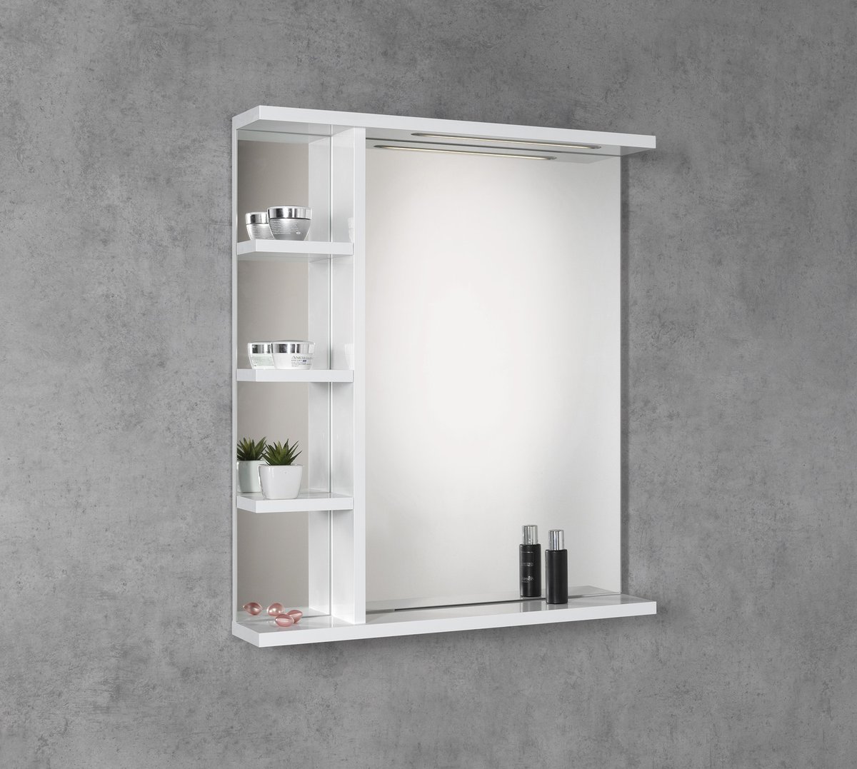 Aqualine KORIN STRIP zrcadlo s LED osvětlením a policemi 50x70x12cm, na šedé stěně