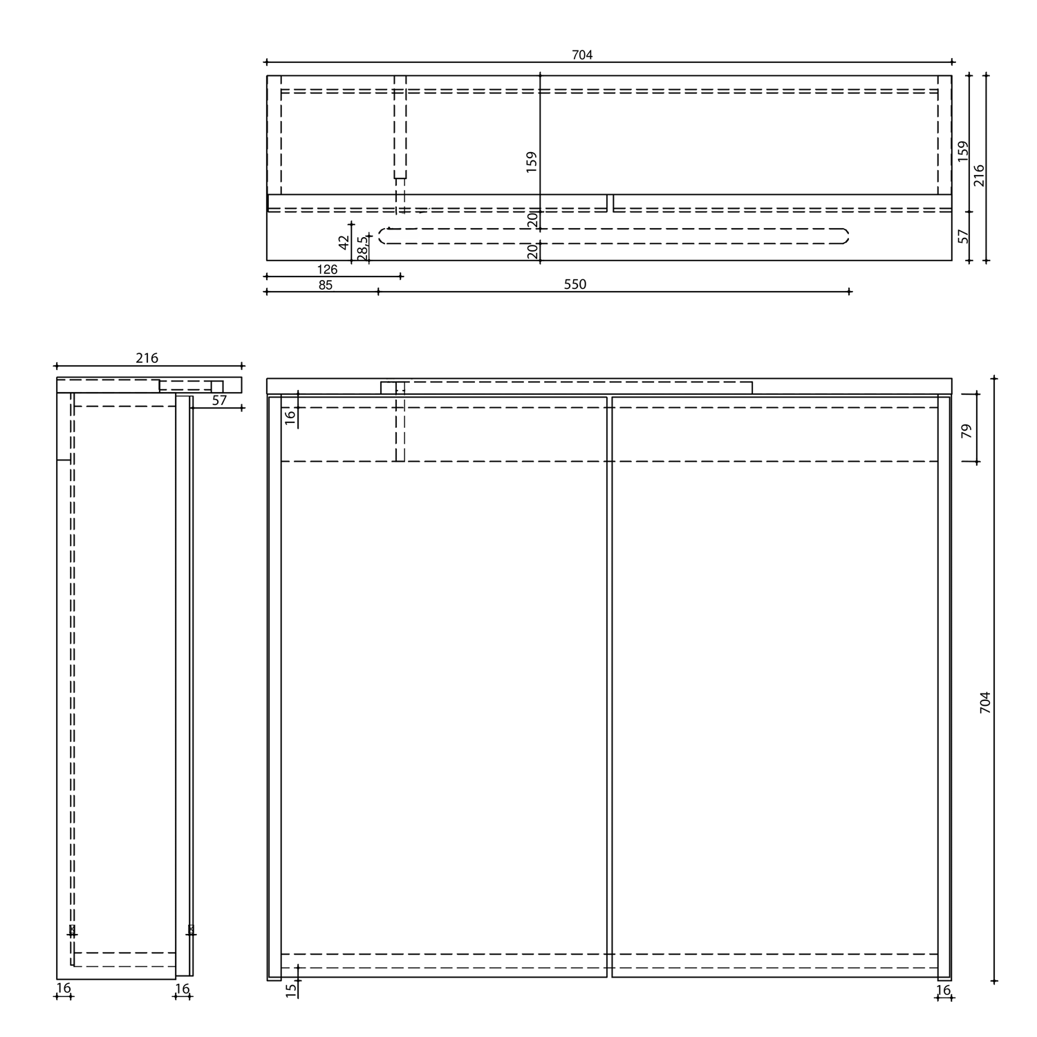 Aqualine KAWA STRIP galerka s LED osvětlením 70x70x22cm, bílá, technický nákres