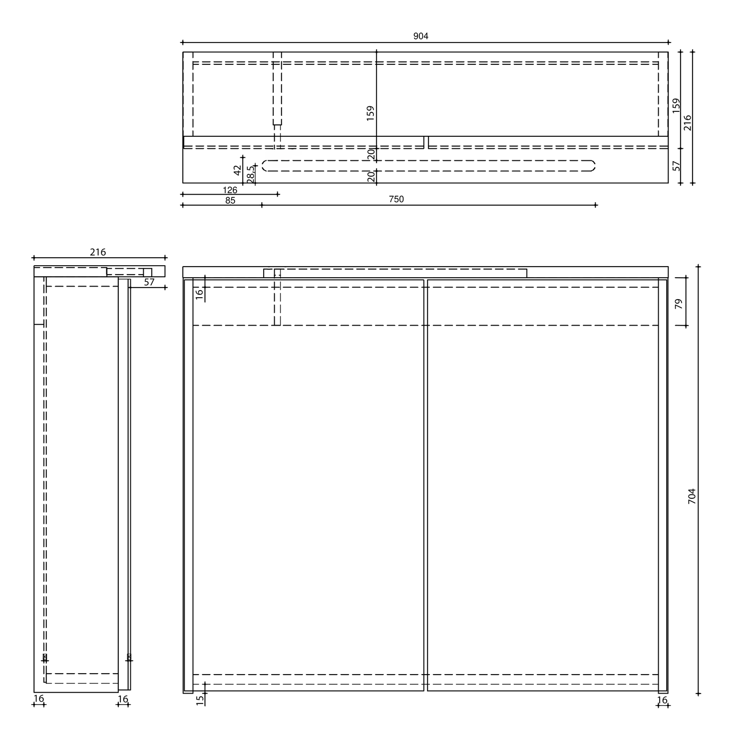 Aqualine KAWA STRIP galerka s LED osvětlením 90x70x22cm, bílá, technický nákres