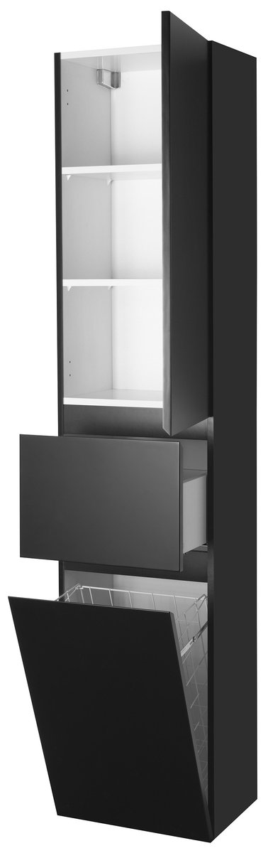 Aqualine ALTAIR vysoká skříňka s košem 40x184x31cm, černá mat, pravá, s otevřenými dvířky a zásuvkou