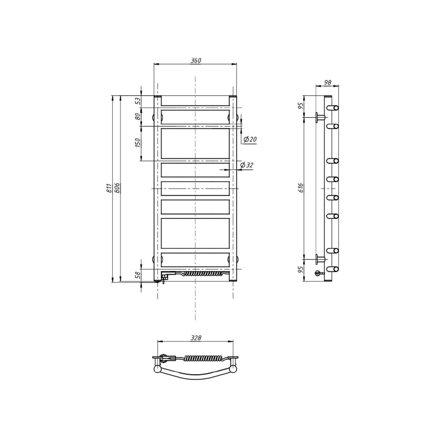 Aqualine SUPE elektrický sušák ručníků, 360x800mm, 107W, bílý, technický nákres