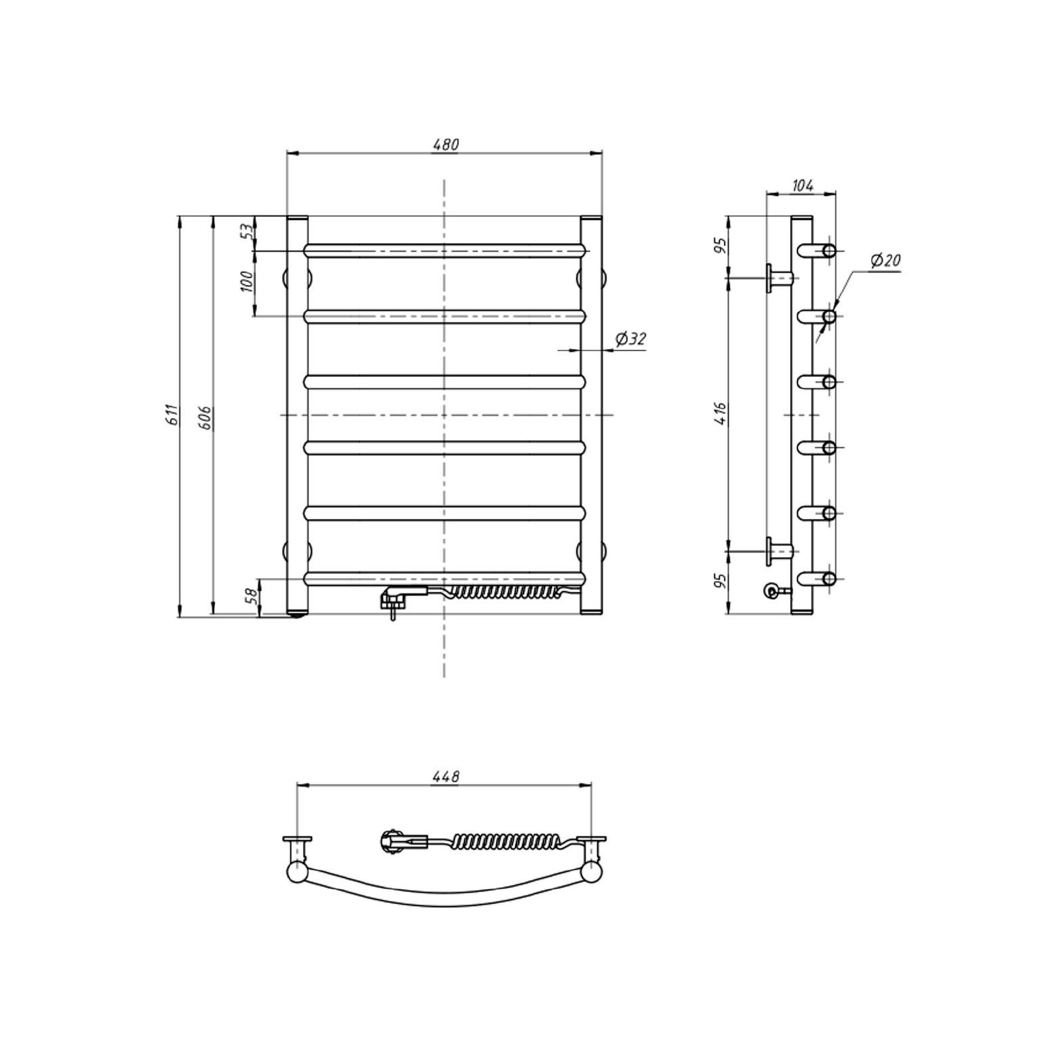 Aqualine SUPE elektrický sušák ručníků, 480x600mm, 148W, bílý, technický nákres