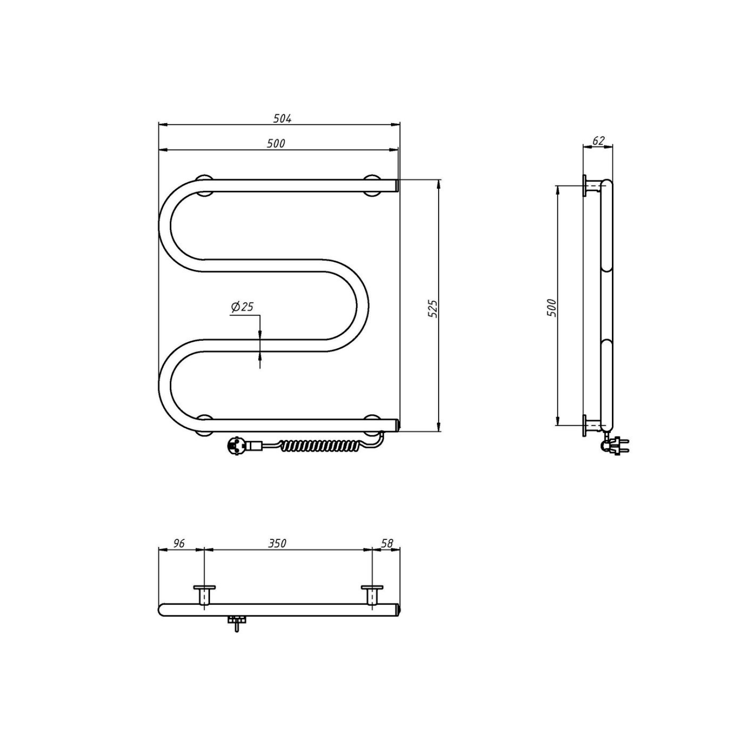 Aqualine VIPE elektrický sušák ručníků, 500x500mm, 59W, bílý, technický nákres