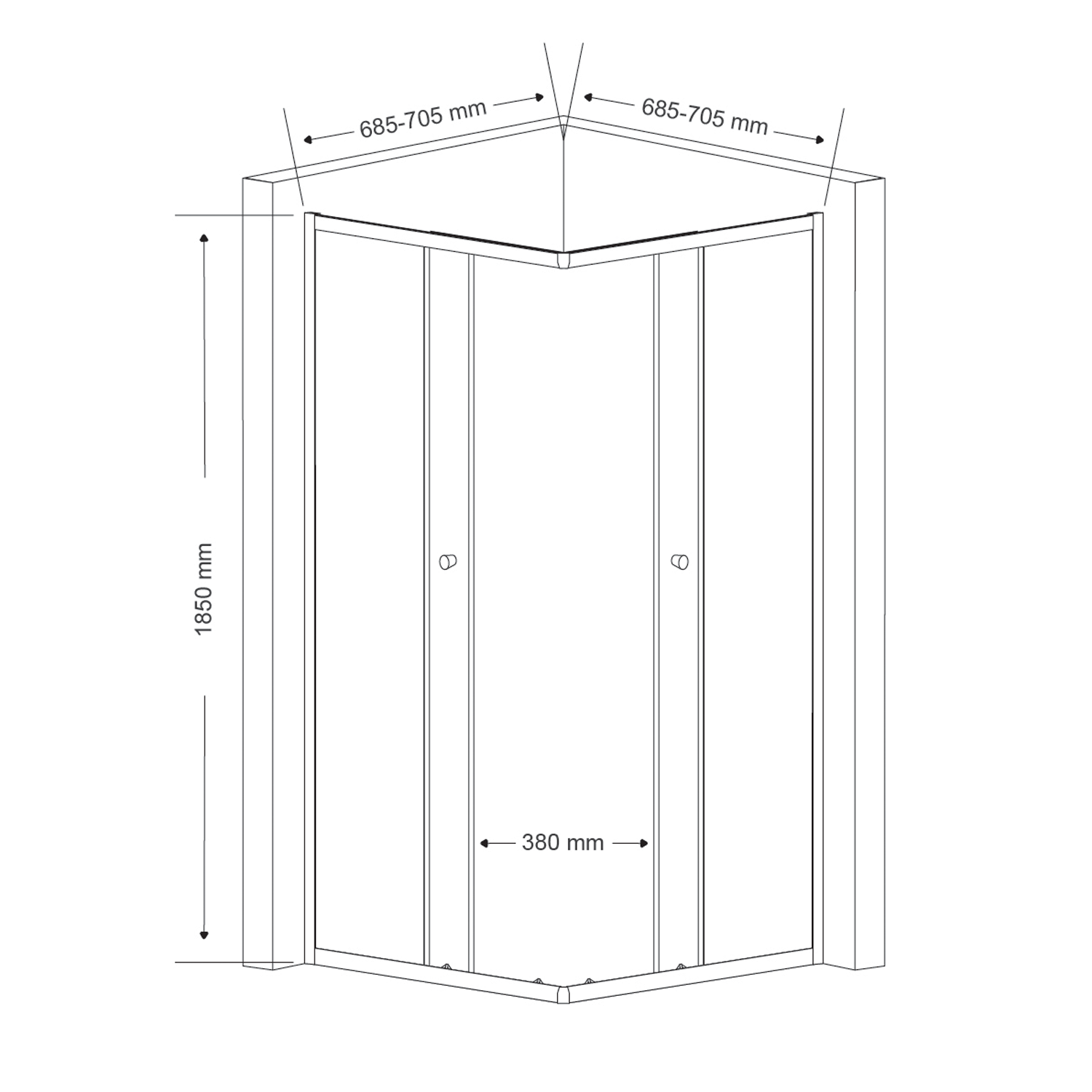 Aqualine AGGA čtvercová sprchová zástěna 700x700mm, čiré sklo, technický nákres