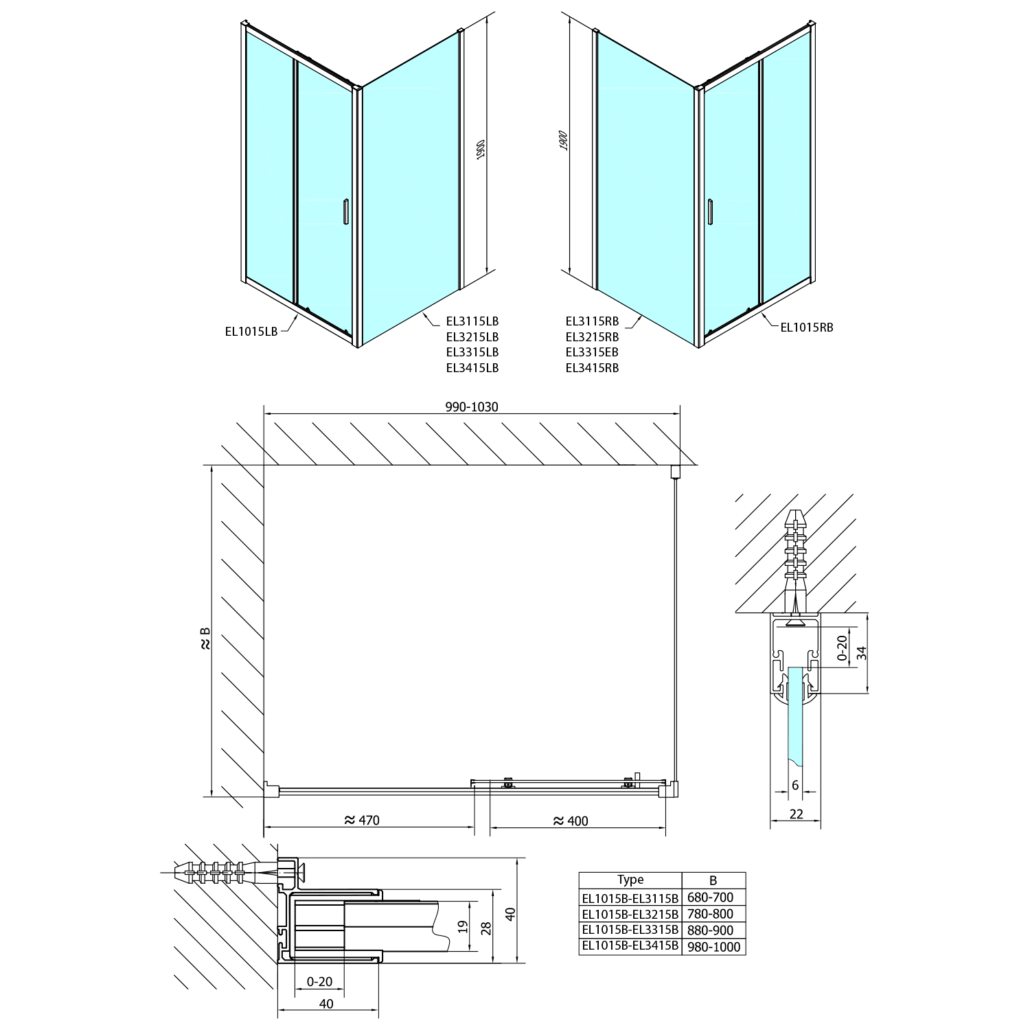 Polysan EASY BLACK obdélníkový sprchový kout 1000x800mm, čiré sklo L/P varianta, technický nákres