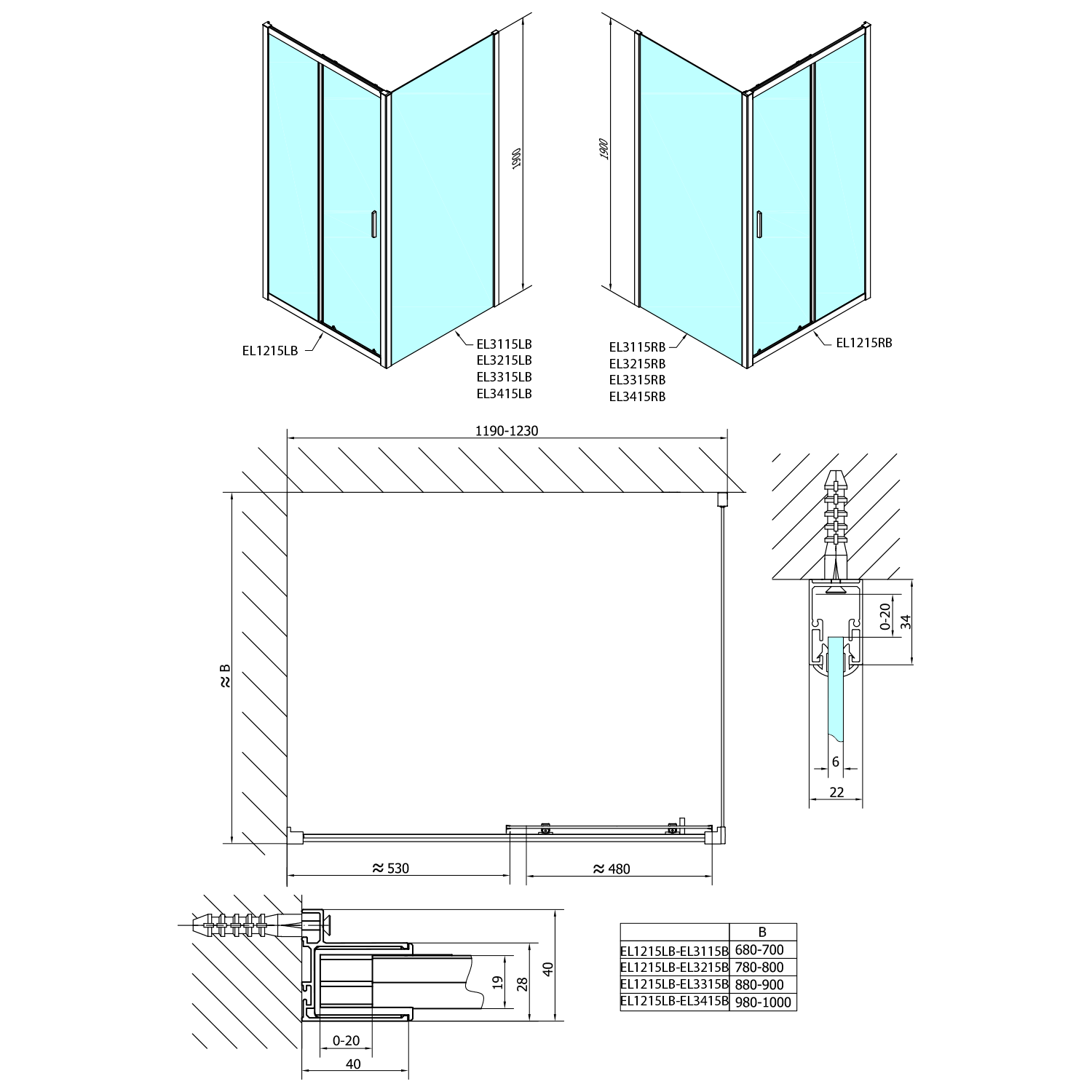 Polysan EASY BLACK obdélníkový sprchový kout 1200x800mm, čiré sklo L/P varianta, technický nákres