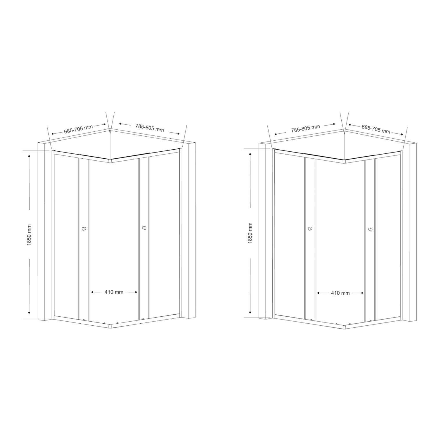 Aqualine AGGA obdélníková sprchová zástěna 800x700mm, čiré sklo, technický nákres