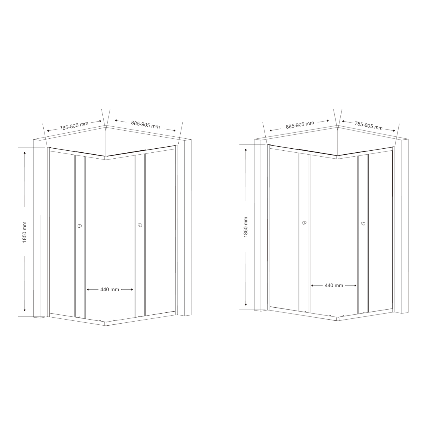 Aqualine AGGA obdélníková sprchová zástěna 900x800mm, čiré sklo, technický nákres