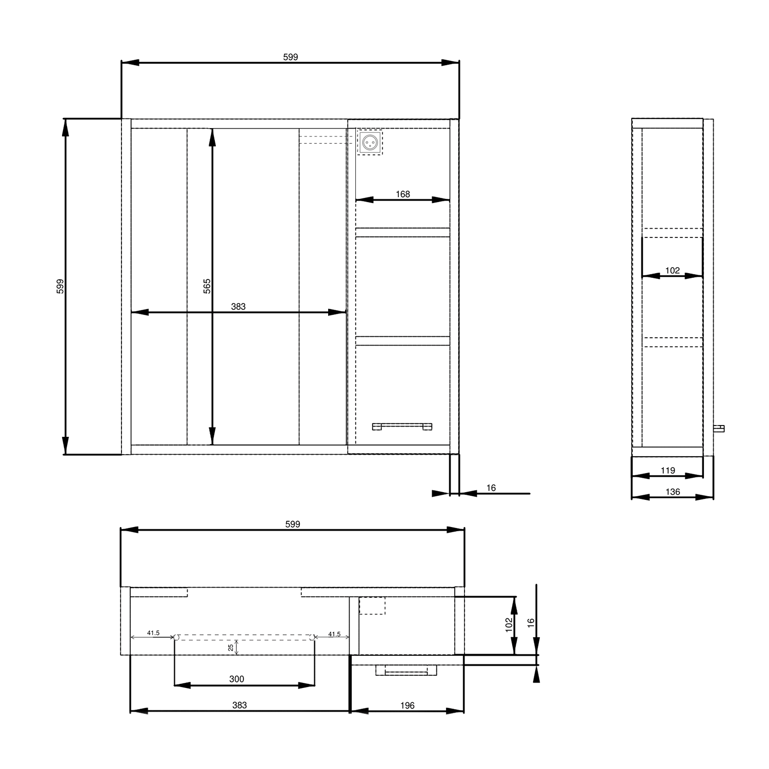 Aqualine ZOJA/KERAMIA FRESH STRIP galerka s LED osvětlením, 60x60x14cm, pravá, dub platin, technický nákres