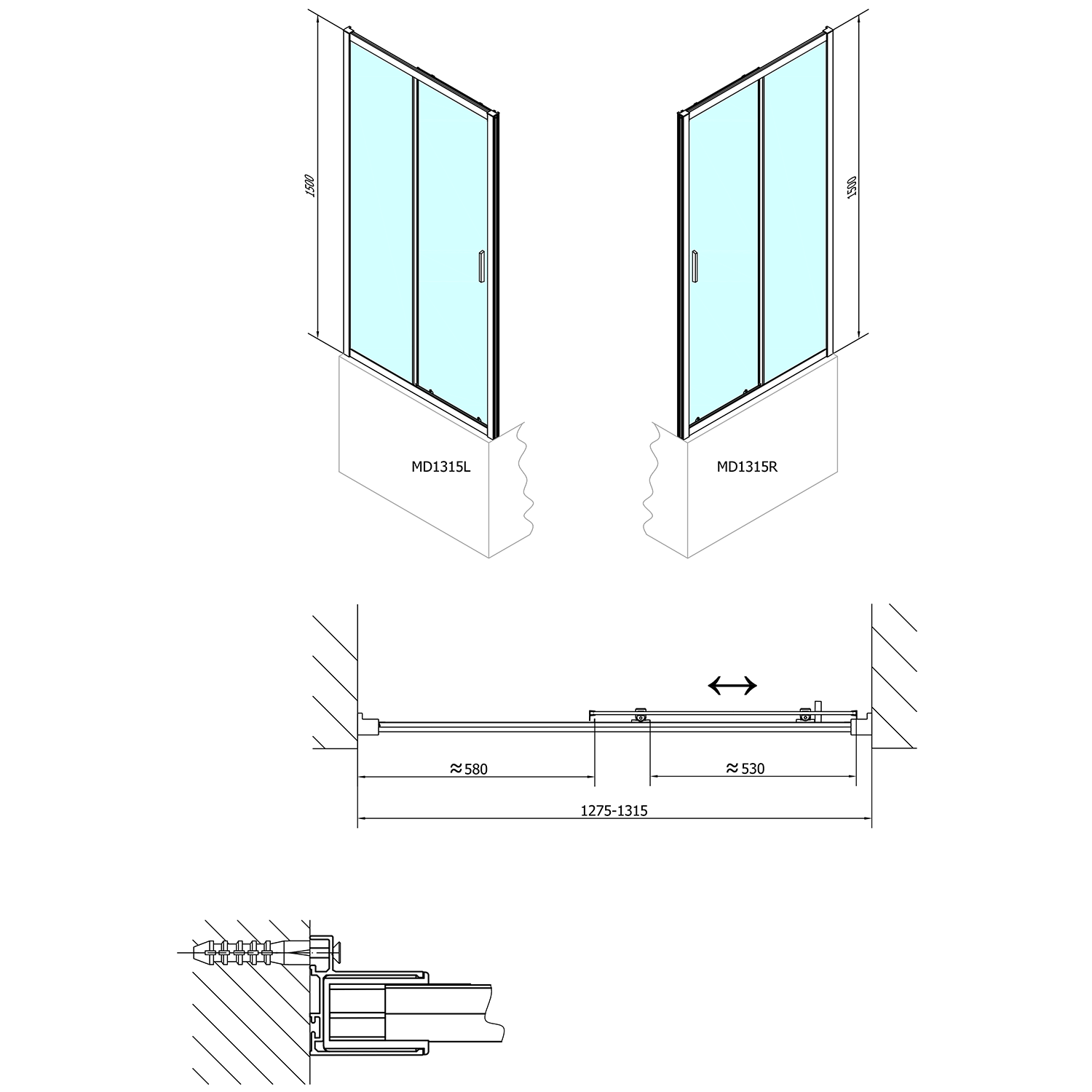 Polysan DEEP sprchové dveře posuvné 1300x1500mm, čiré sklo, technický nákres