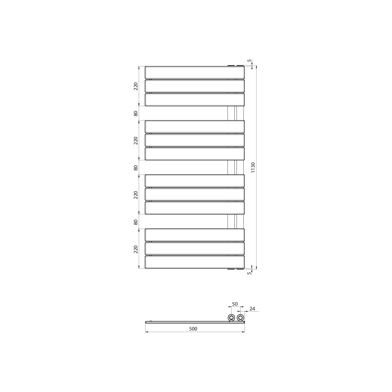Aqualine MYTHOS otopné těleso 500x1130mm, bílá, technický nákres