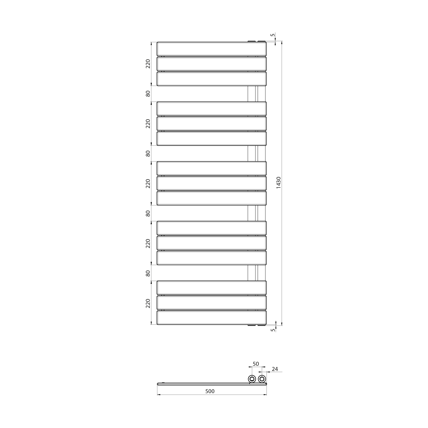 Aqualine MYTHOS otopné těleso 500x1430mm, černá mat, technický nákres