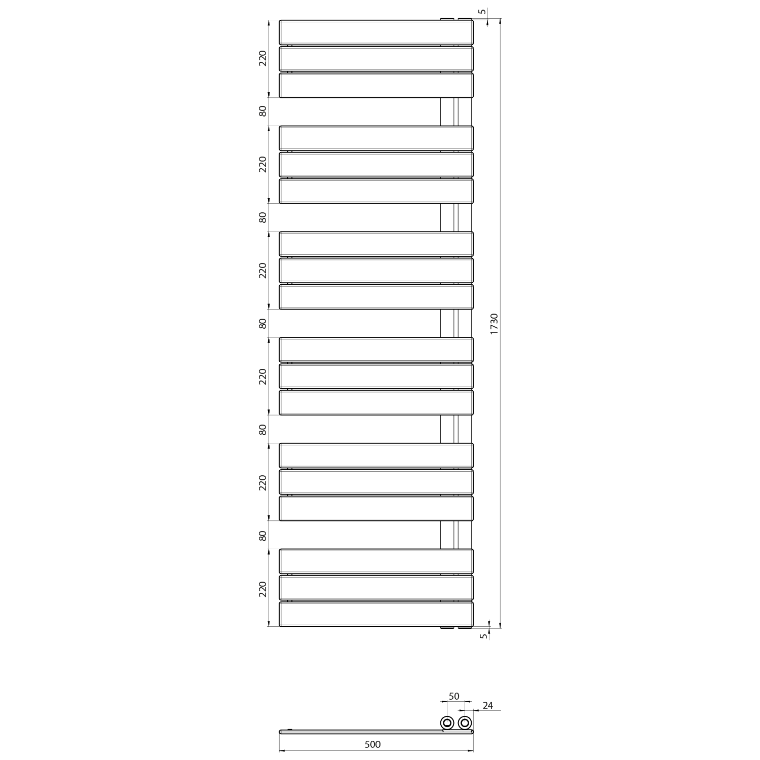 Aqualine MYTHOS otopné těleso 500x1730mm, bílá, technický nákres