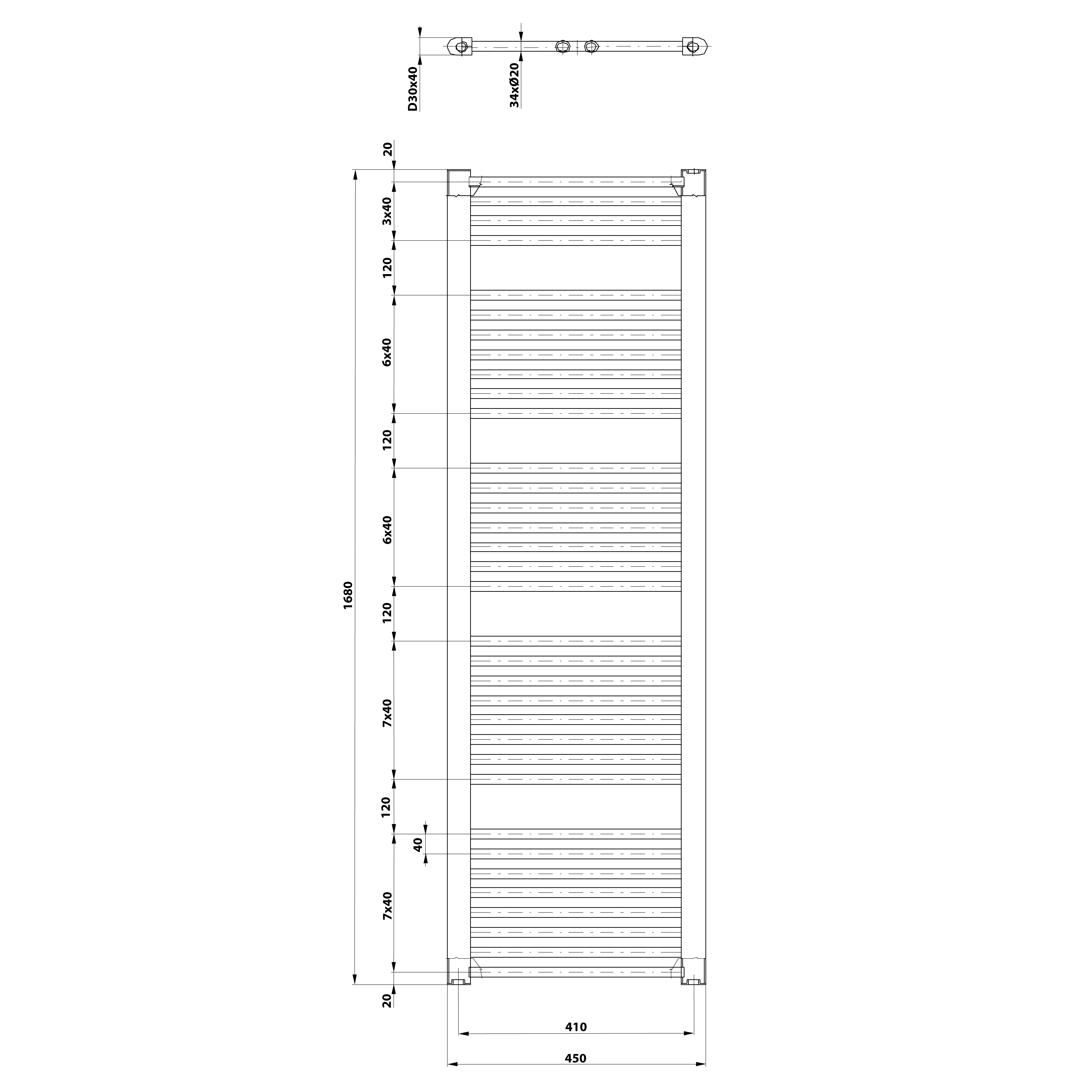 Aqualine DIRECT otopné těleso s bočním připojením 450x1680mm, černá mat, technický nákres