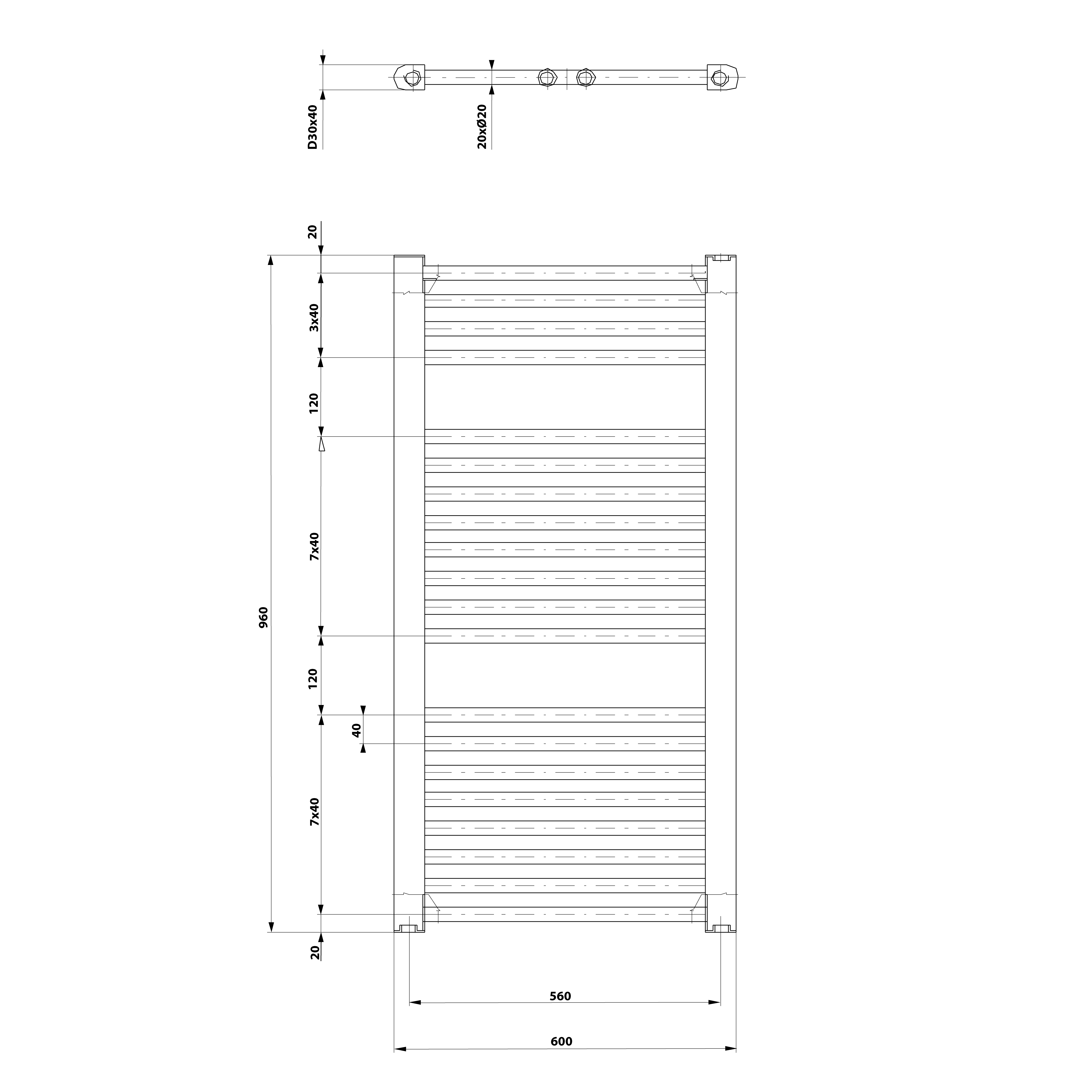 Aqualine DIRECT otopné těleso s bočním připojením 600x960mm, černá mat, technický nákres