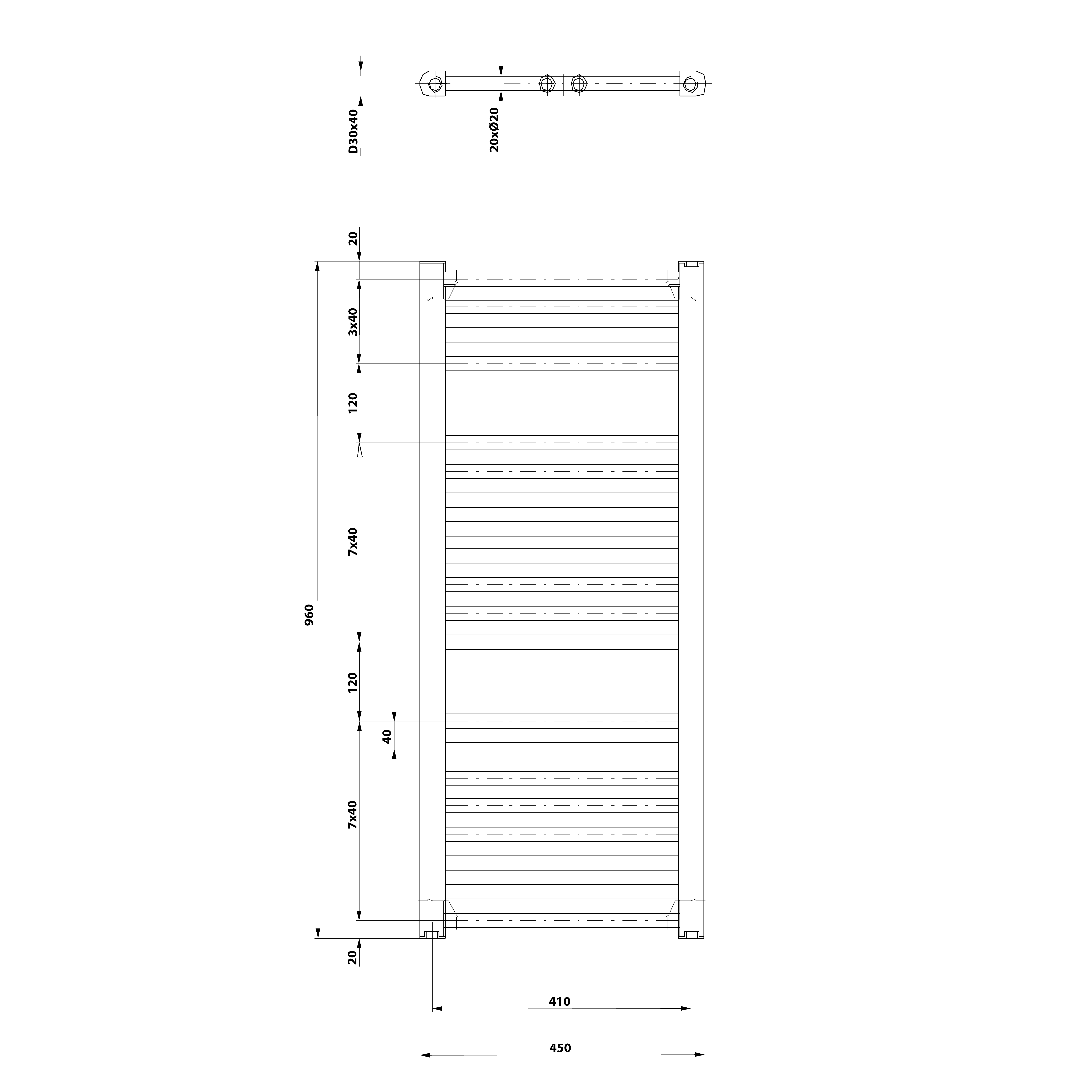 Aqualine DIRECT otopné těleso s bočním připojením 450x960mm, černá mat, technický nákres