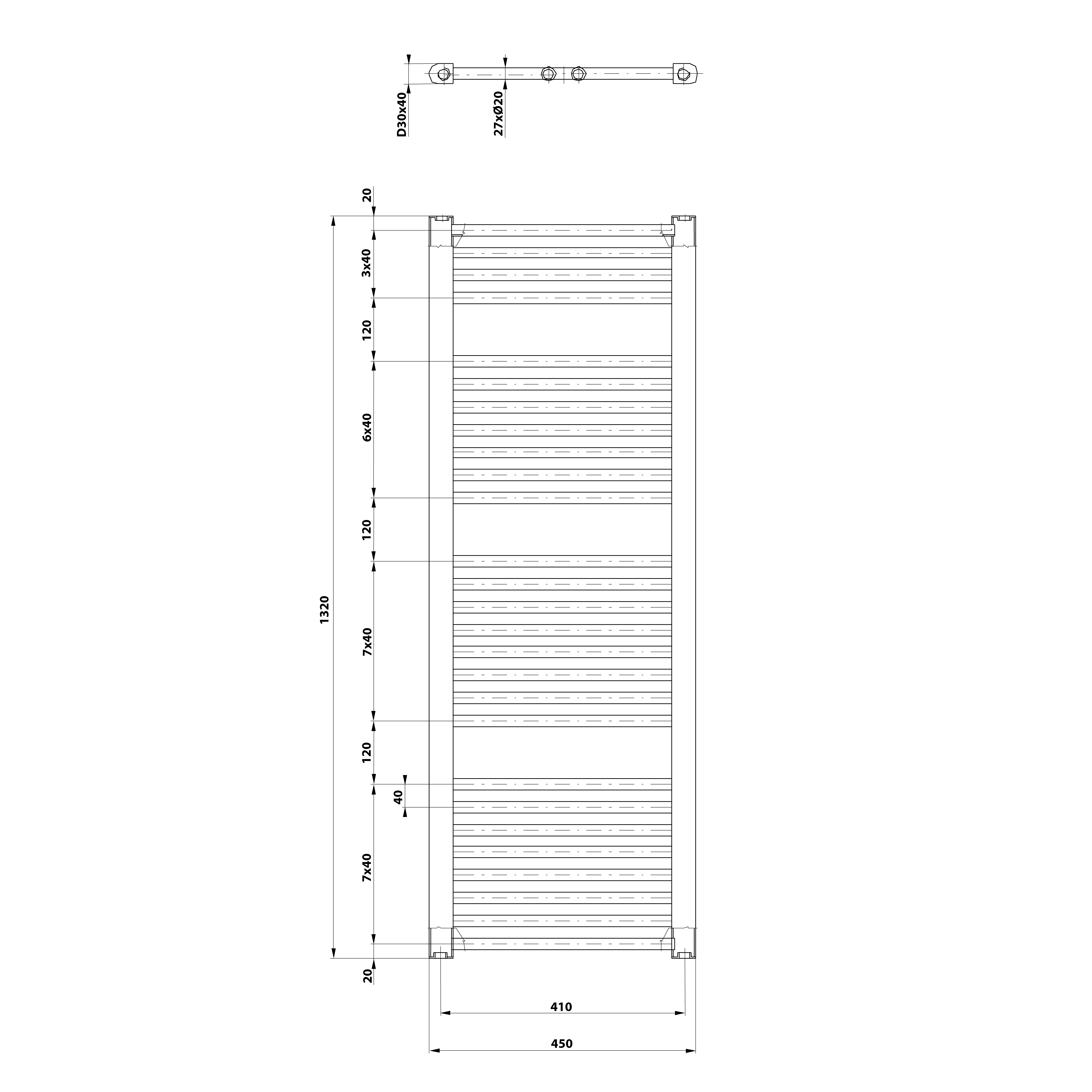 Aqualine DIRECT otopné těleso s bočním připojením 450x1320mm, černá mat, technický nákres