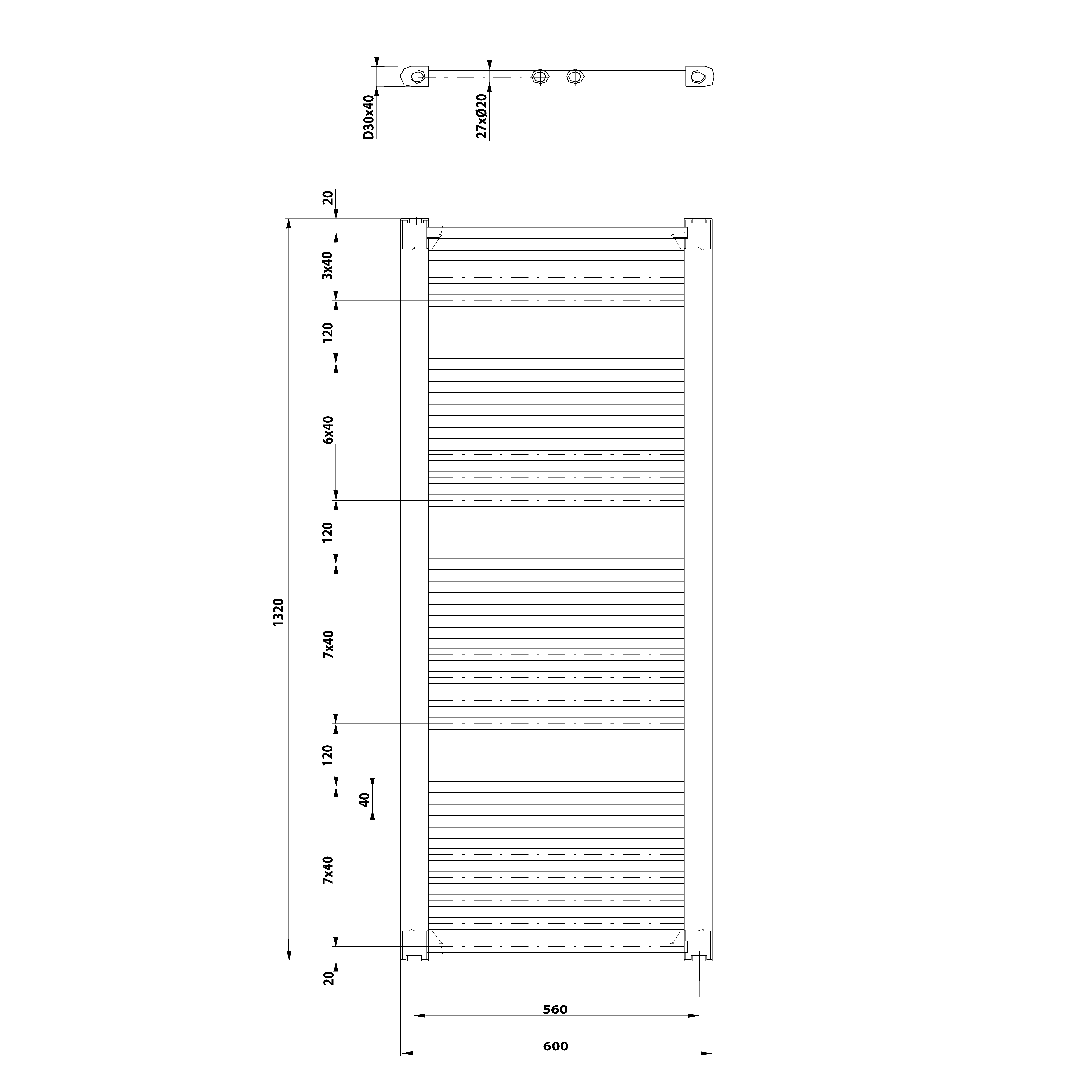Aqualine DIRECT otopné těleso s bočním připojením 600x1320mm, černá mat, technický nákres