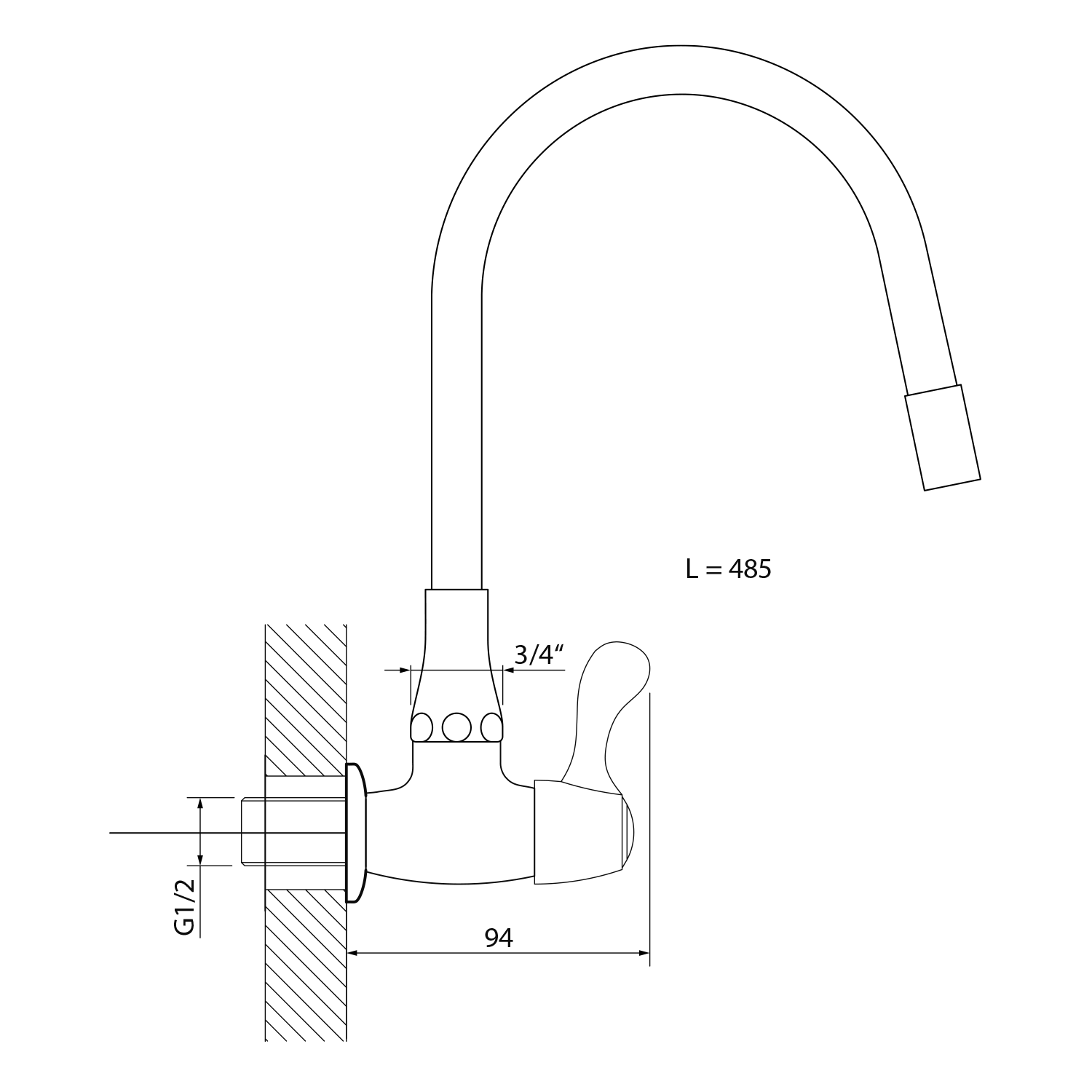 Aqualine Nástěnný kulový ventil 1/2", flexibilní ramínko, chrom/černá mat, technický nákres