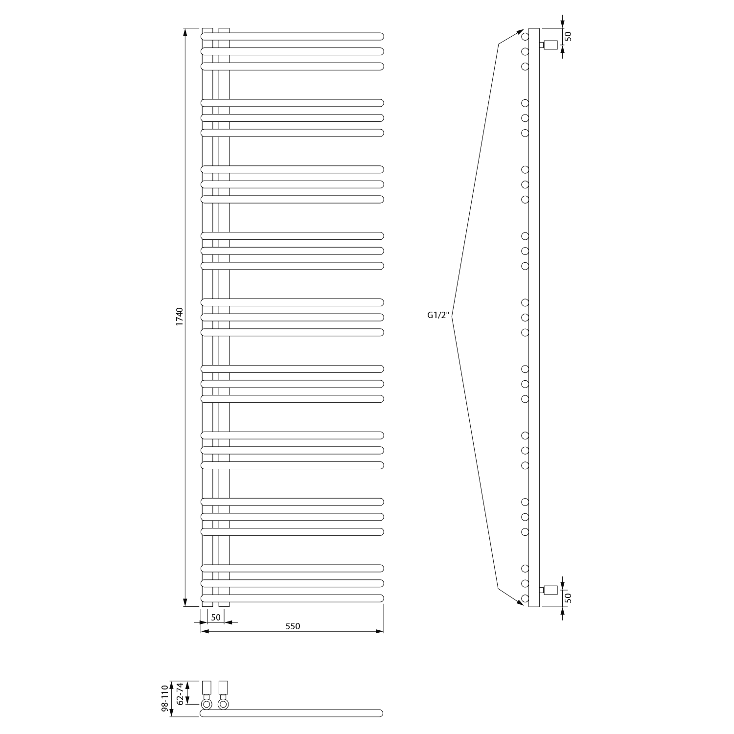 Aqualine POSEIDON otopné těleso 550x1740mm, bílá, technický nákres
