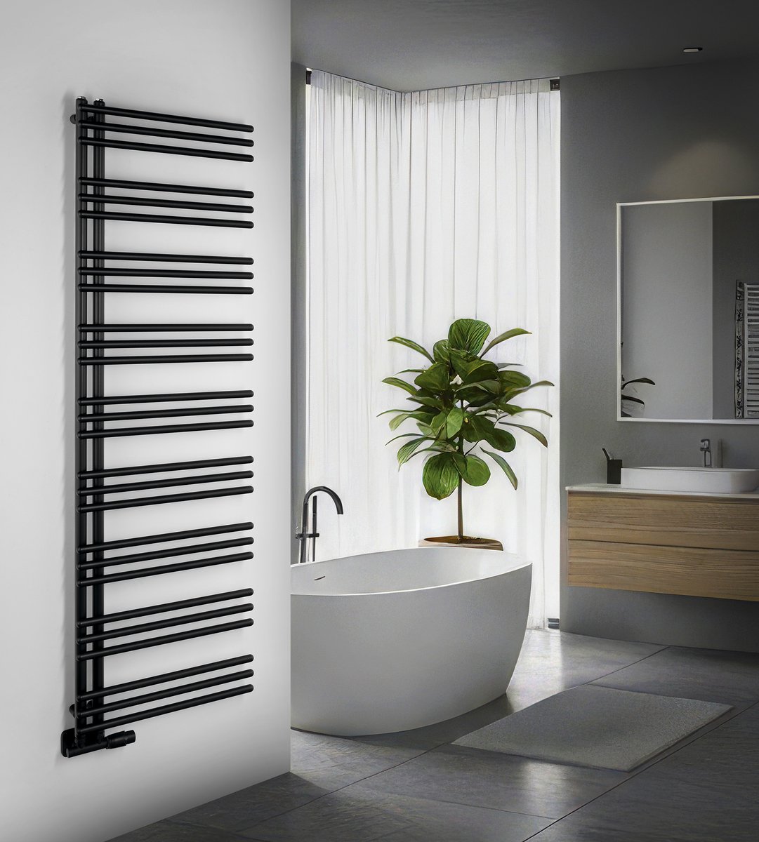 Aqualine POSEIDON otopné těleso 550x1740mm, černá mat, v moderní koupelně