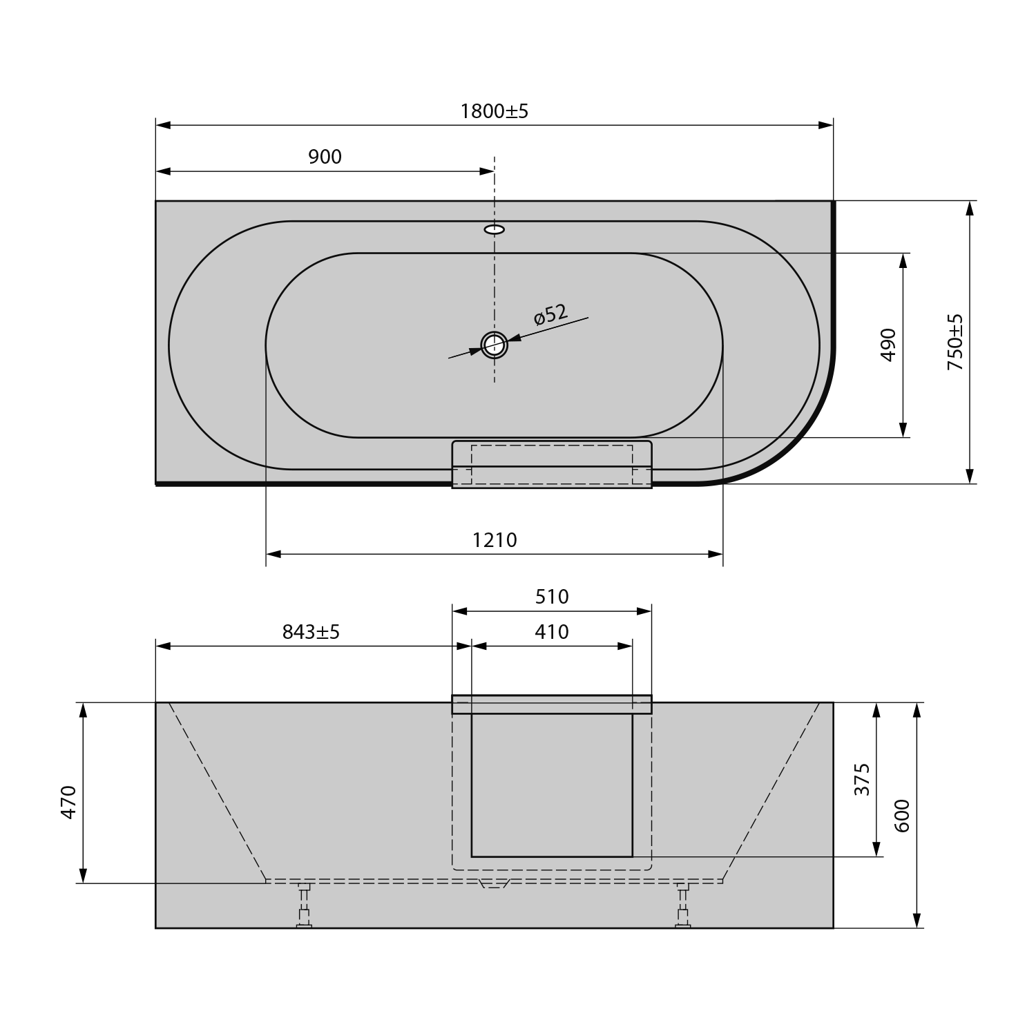 Polysan PORTAS L asymetrická vana s dvířky, 180x75x60cm, bílá, technický nákres