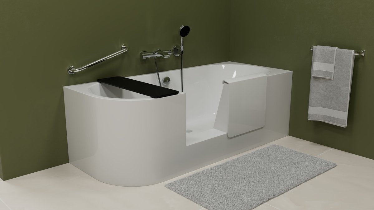 Polysan PORTAS R asymetrická vana s dvířky, 180x75x60cm, bílá, s otevřenými dvířky