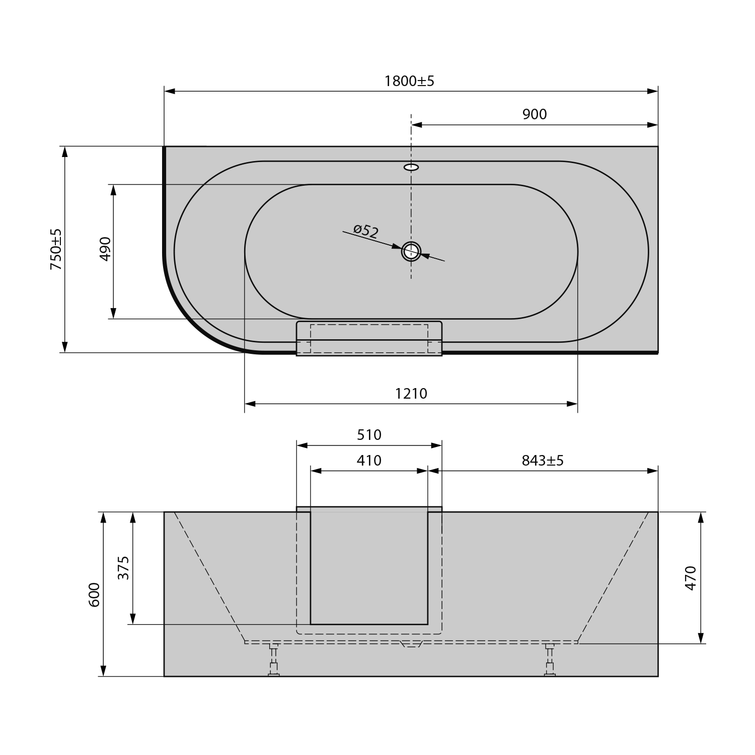 Polysan PORTAS R asymetrická vana s dvířky, 180x75x60cm, bílá, technický nákres
