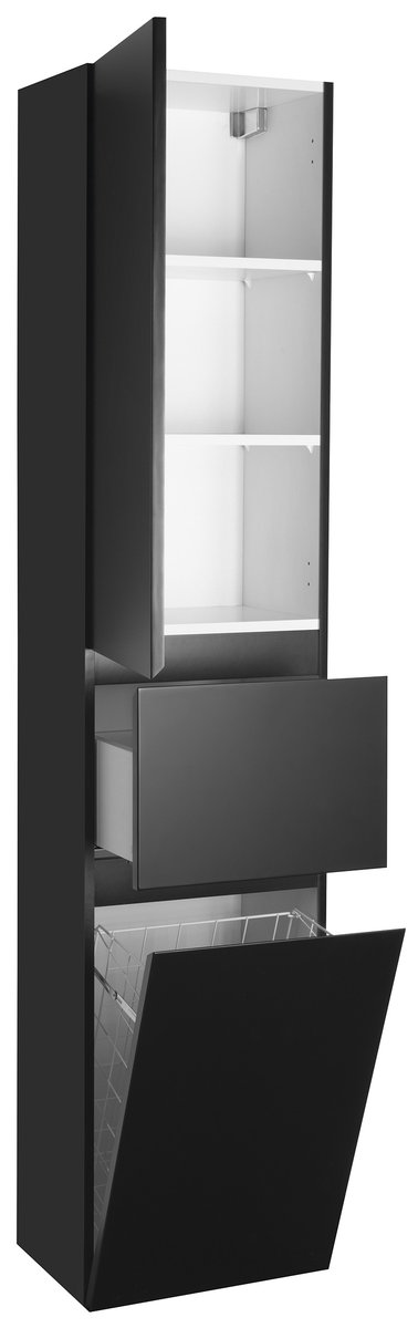 Aqualine ALTAIR vysoká skříňka s košem 40x184x31cm, černá mat, levá, s otevřenými dvířky