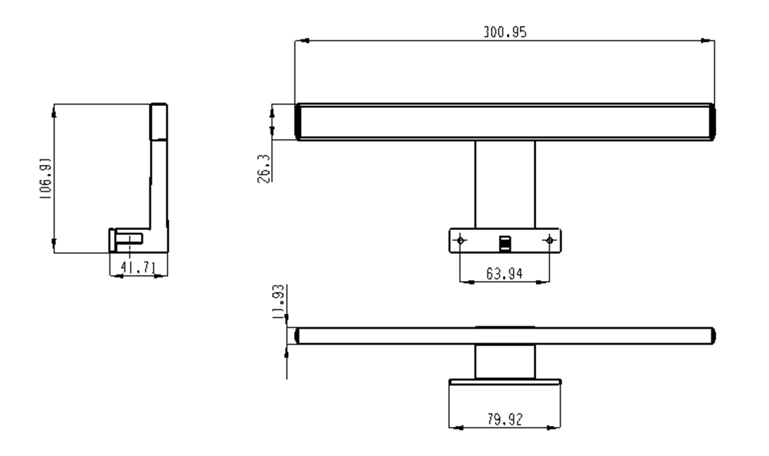 Aqualine SERAPA LED svítidlo 5W, 230V, 300x40x100mm, IP44, plast, černá mat, technický nákres