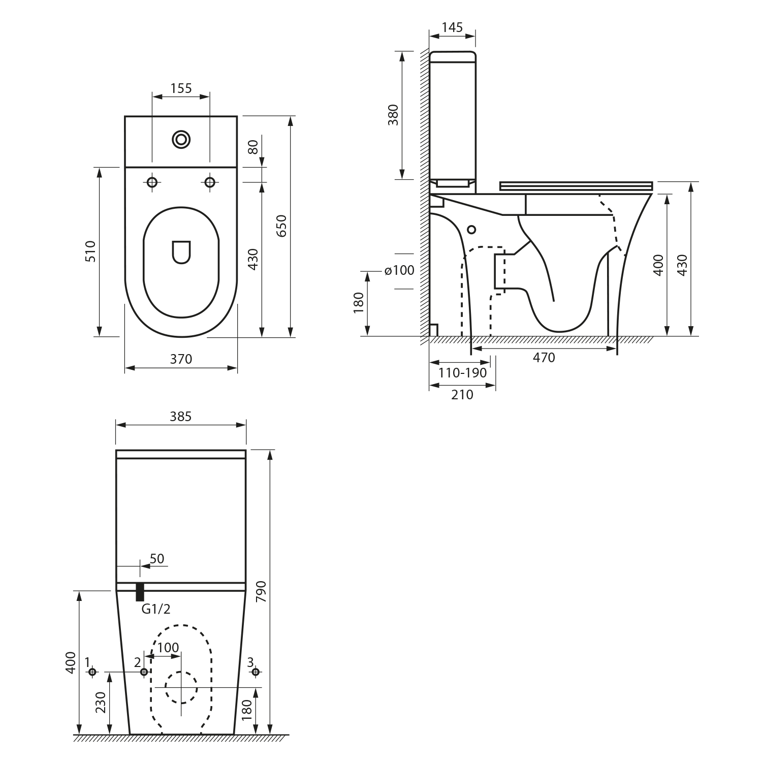 Aqualine VITO WC kombi, Rimless, spodní/zadní odpad, bílá, technický nákres