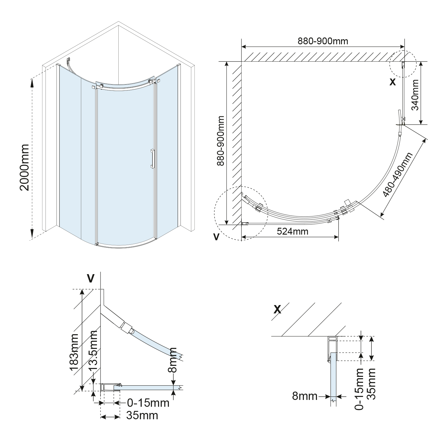 Polysan THRON SQUARE čtvrtkruhová sprchová zástěna 900x900mm, čiré sklo, levá, technický nákres