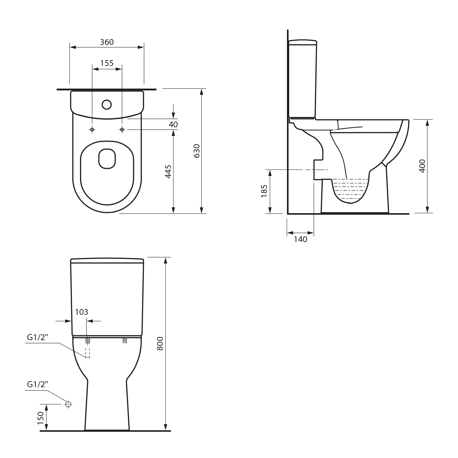 Aqualine TAVON WC kombi, Rimless, zadní odpad, bílá, technický nákres