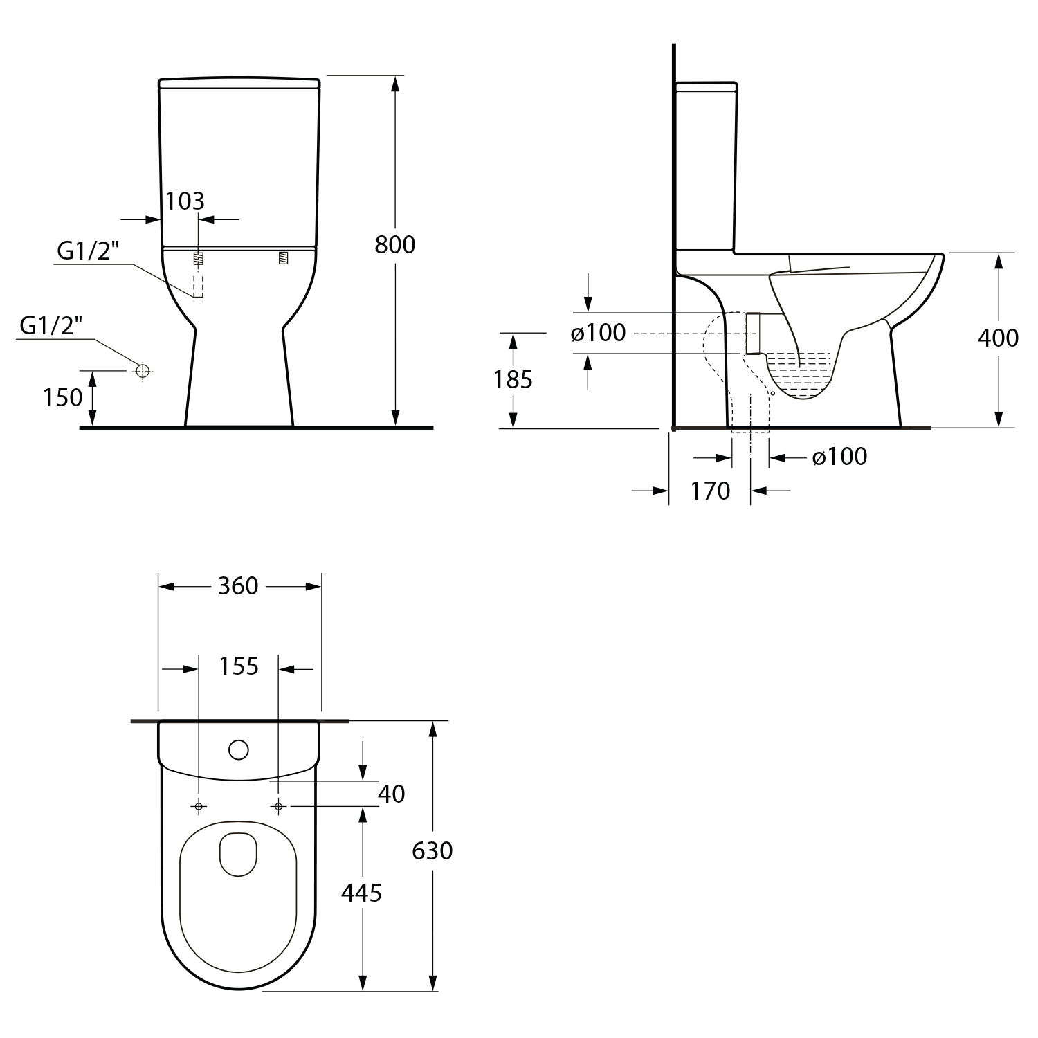 Aqualine TALAMO WC kombi, Rimless, spodní/zadní odpad, bílá, technický nákres