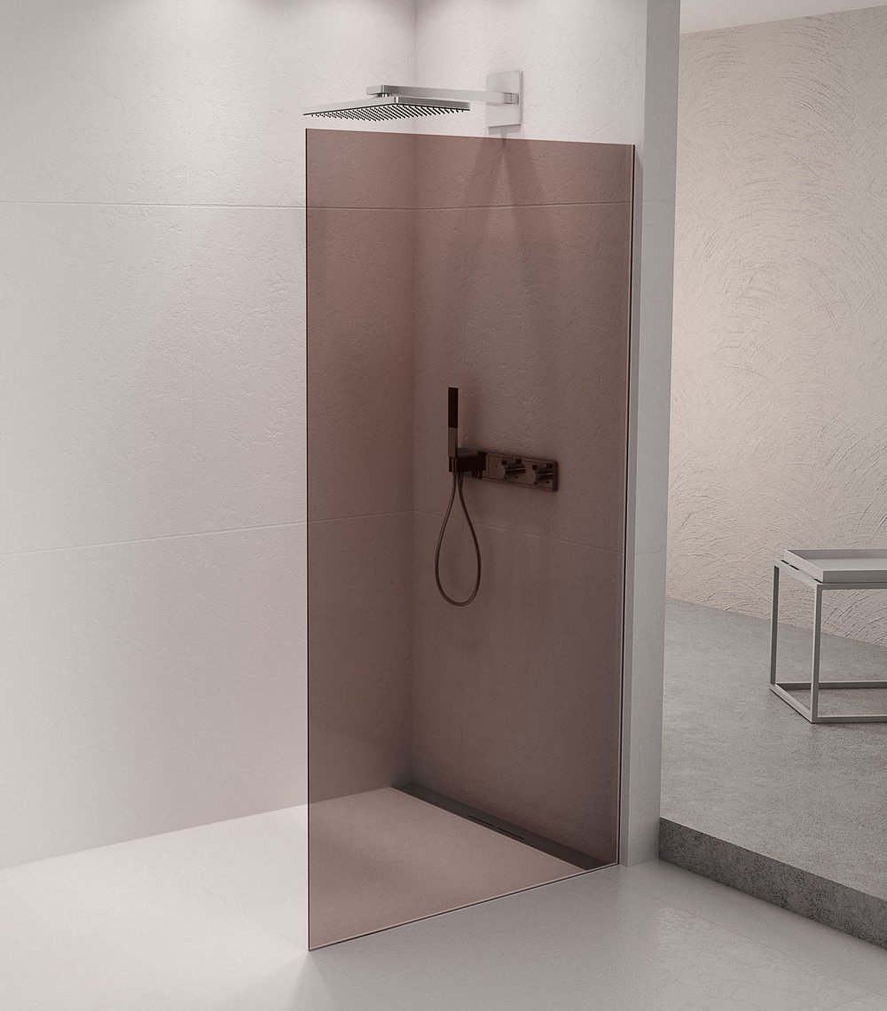 Polysan ARCHITEX sada pro uchycení skla podlaha-stěna se spádovou lištou, 1615x2105mm, pravá, leštěný hliník, v koupelně s kouřovým sklem