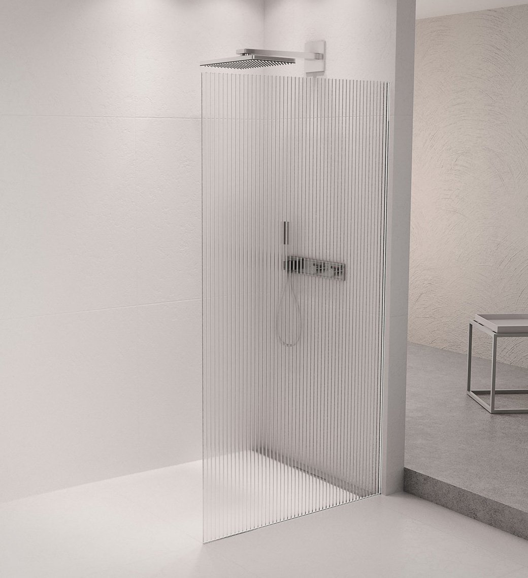 Polysan ARCHITEX sada pro uchycení skla podlaha-stěna se spádovou lištou, 1615x2105mm, pravá, leštěný hliník, v koupelně s rýhovaným sklem