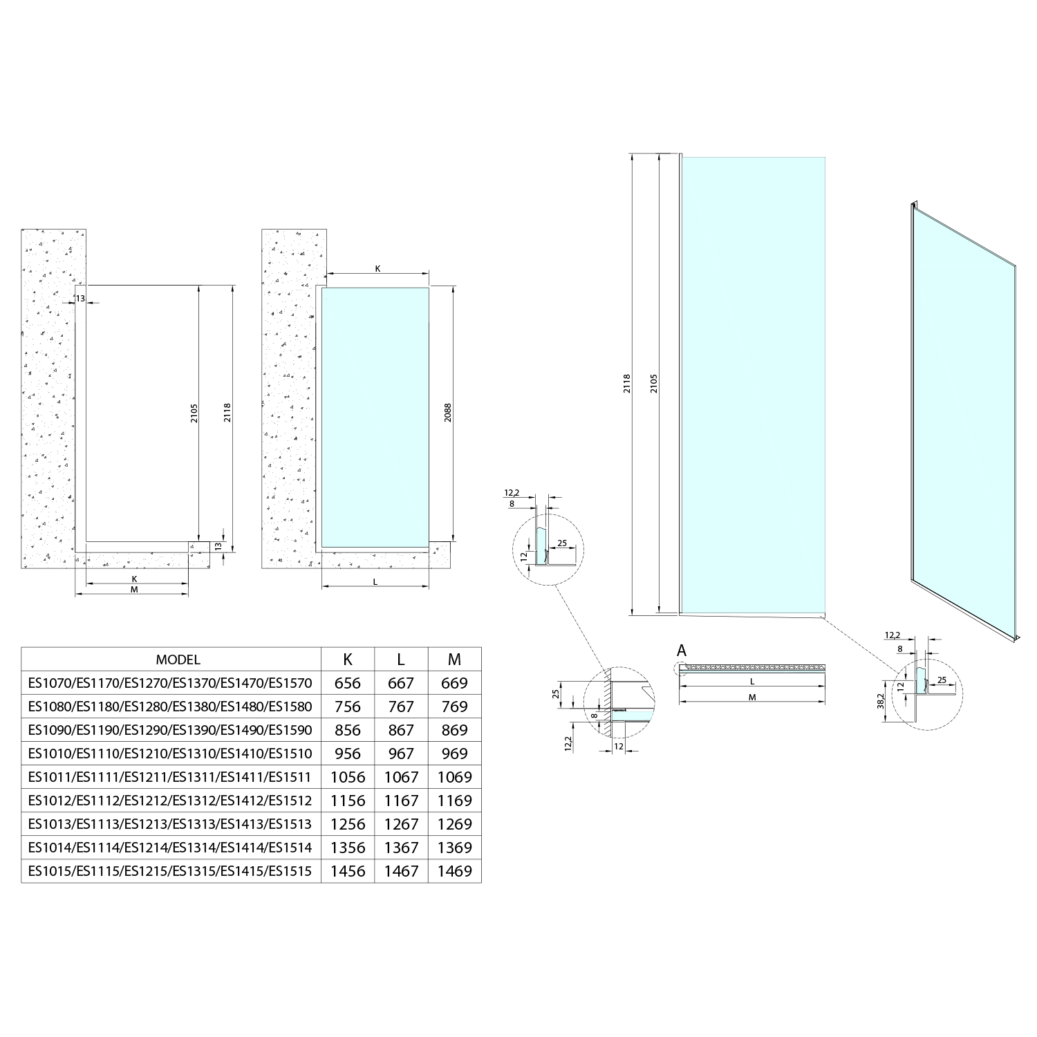 Polysan ARCHITEX sada pro uchycení skla podlaha-stěna se spádovou lištou, 1615x2105mm, pravá, černá mat, technický nákres