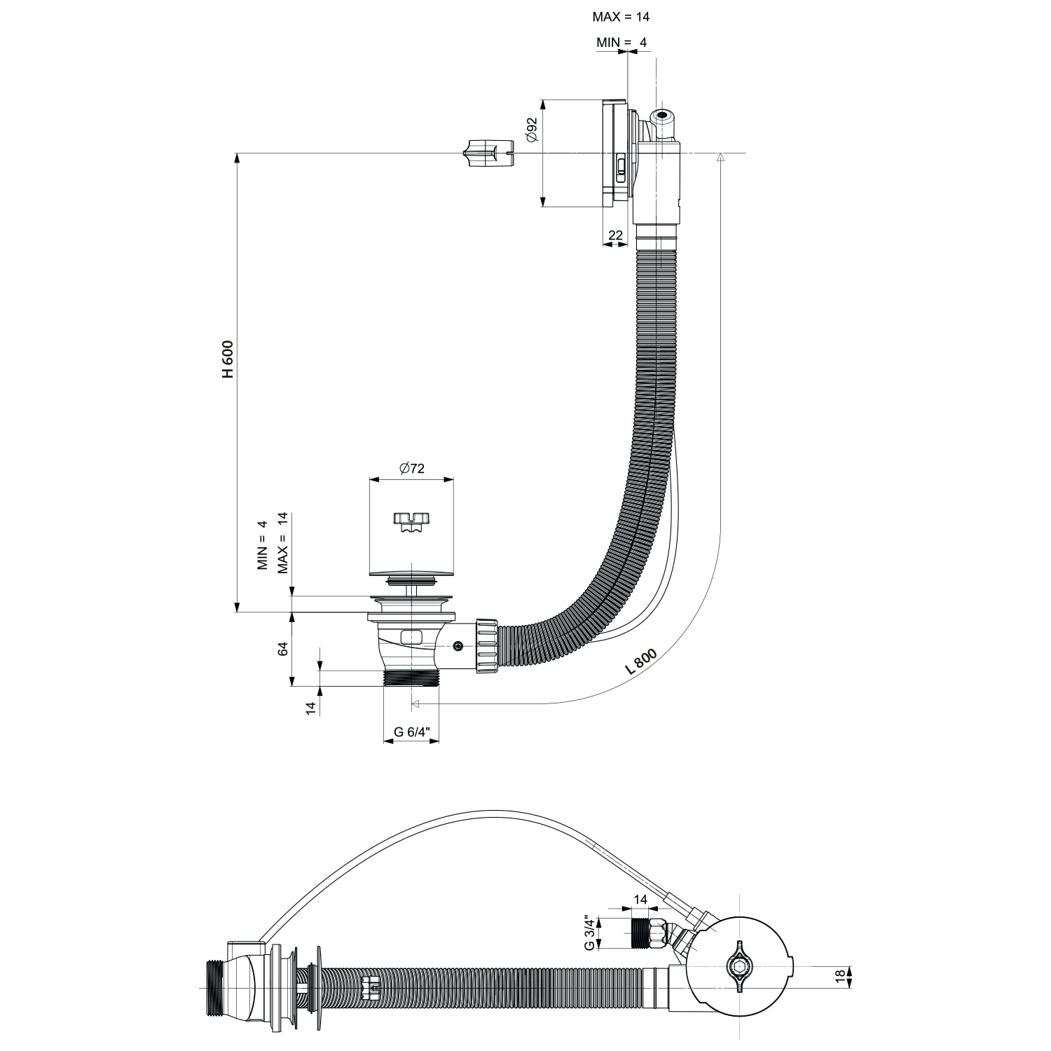Polysan Vanová souprava s napouštěním, bovden, délka 800mm, zátka 72mm, měď mat, technický nákres