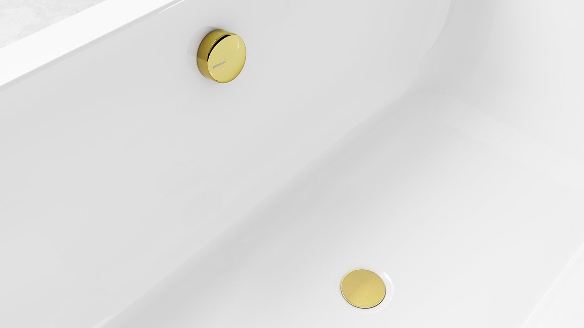 Polysan Vanová souprava, bovden, délka 1000mm, zátka 72mm, zlato, detail výpusti a přepadu ve vaně