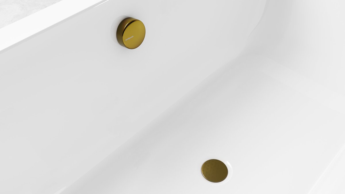 Polysan Vanová souprava, bovden, délka 1200mm, zátka 72mm, zlato mat, detail výpusti a přepadu ve vaně
