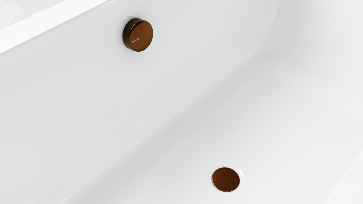Polysan Vanová souprava, bovden, délka 1200mm, zátka 72mm, měď mat, detail výpusti a přepadu ve vaně